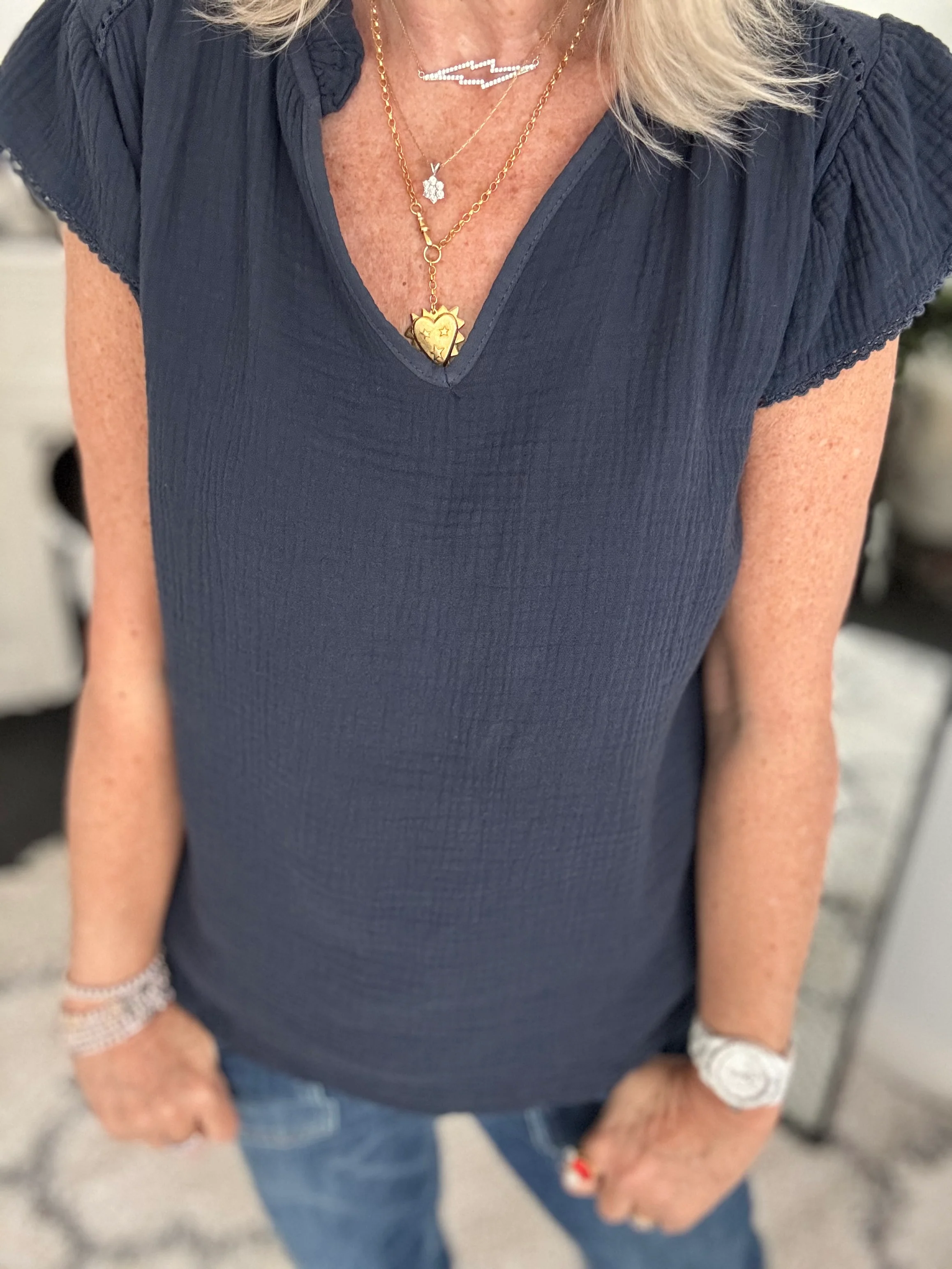 Cheesecloth Top with Ruffle Sleeves in Navy - Image 2