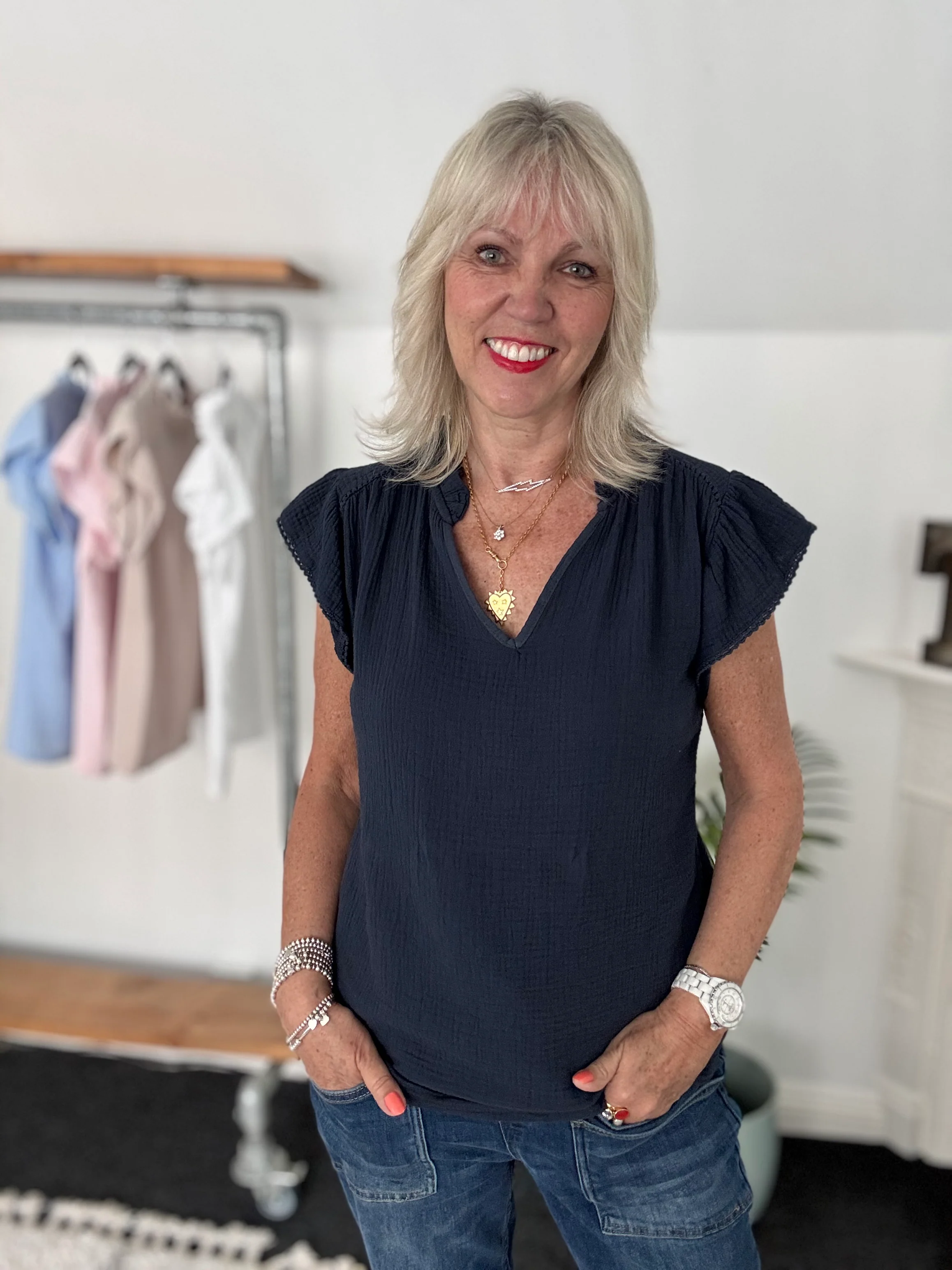 Cheesecloth Top with Ruffle Sleeves in Navy - Image 3