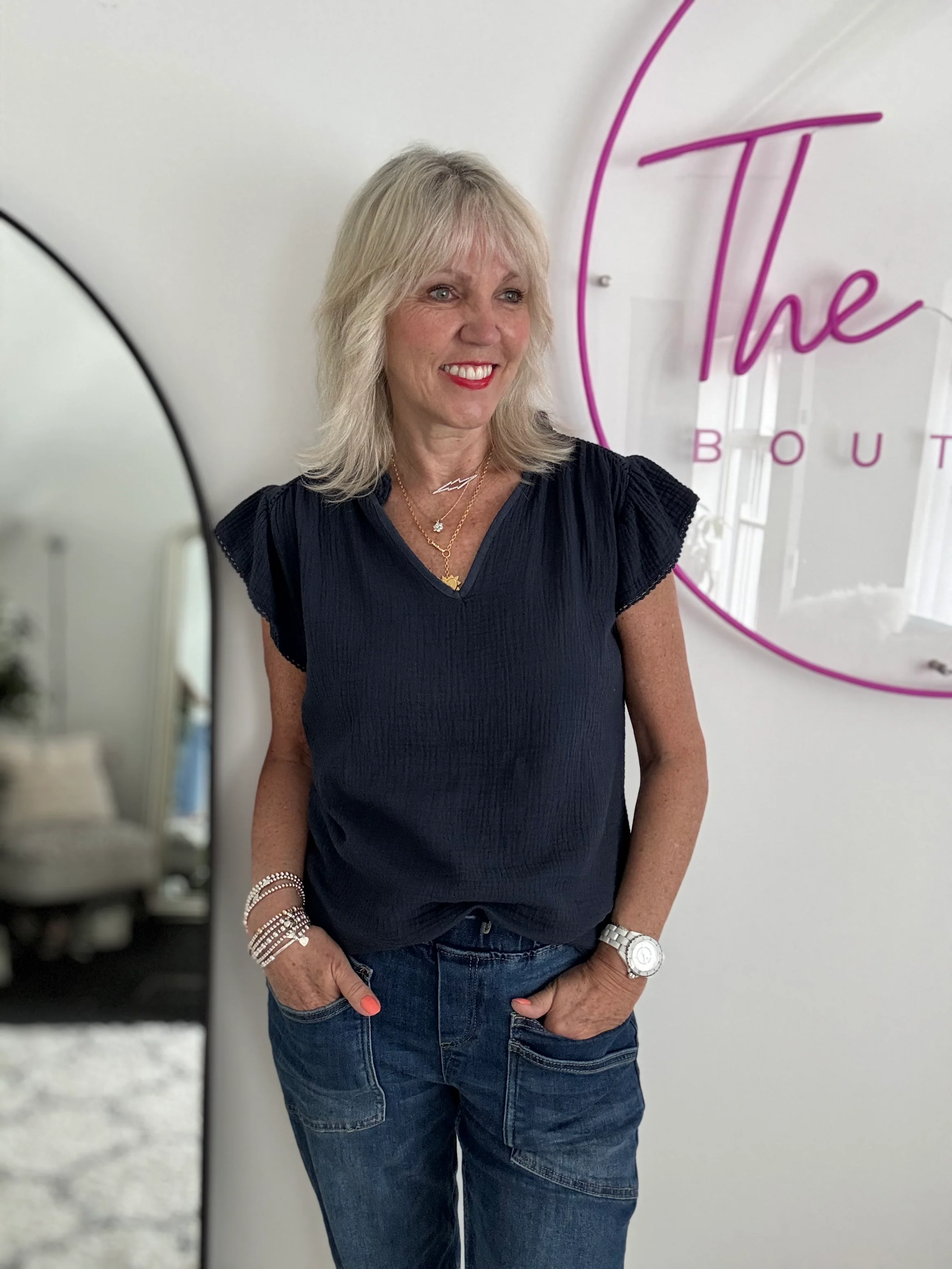 Cheesecloth Top with Ruffle Sleeves in Navy - Image 6