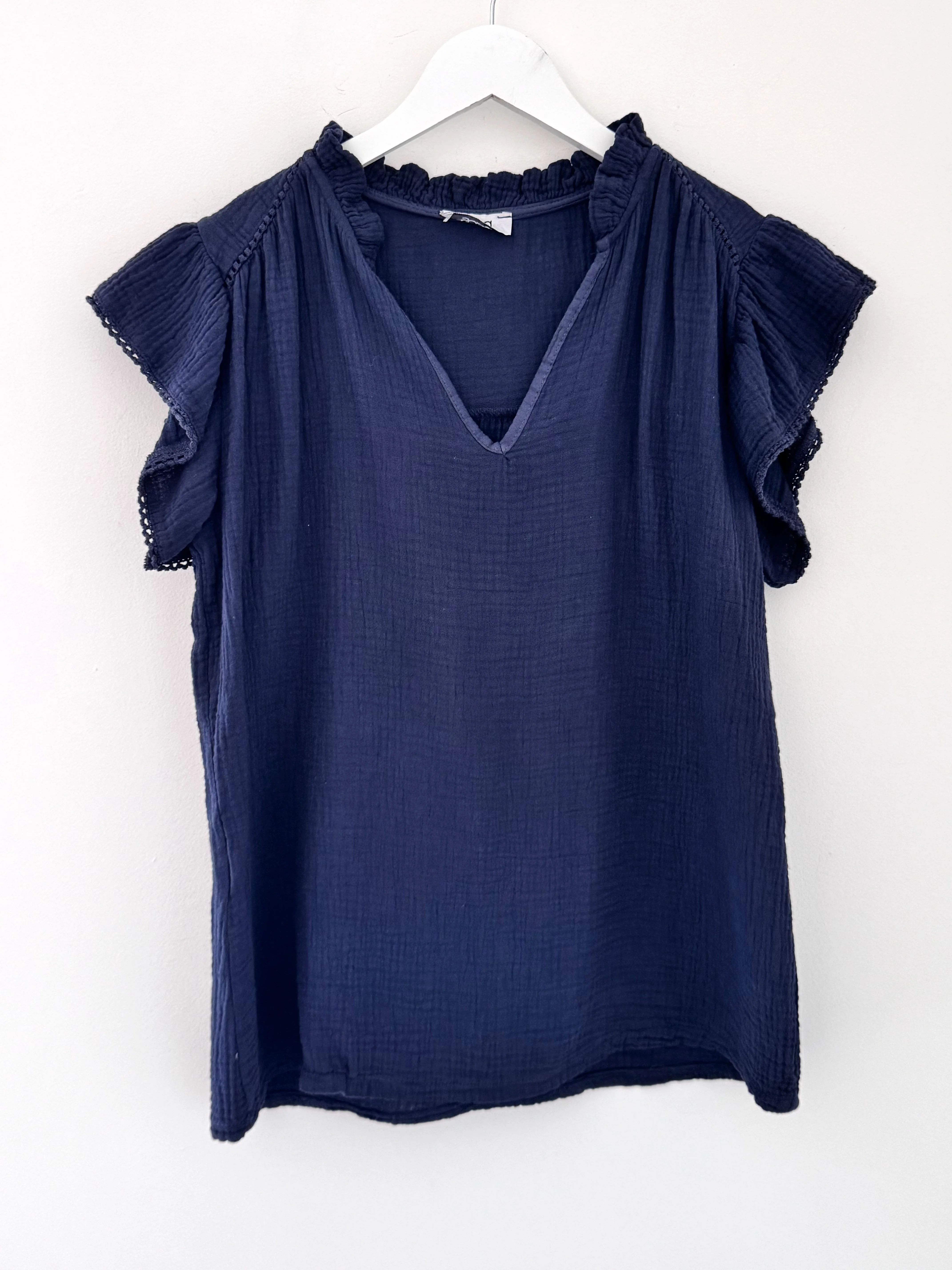 Cheesecloth Top with Ruffle Sleeves in Navy - Image 7