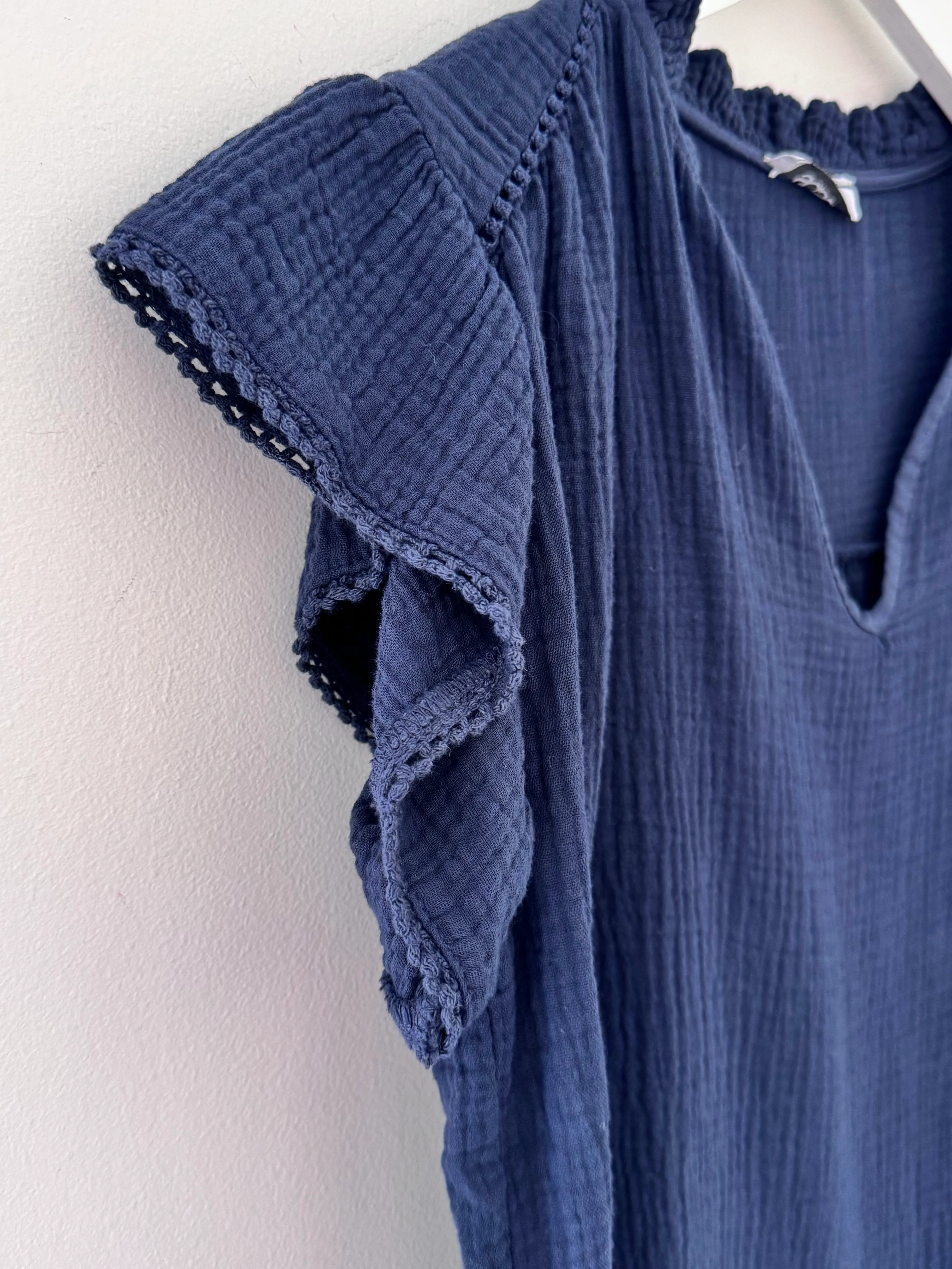 Cheesecloth Top with Ruffle Sleeves in Navy - Image 8