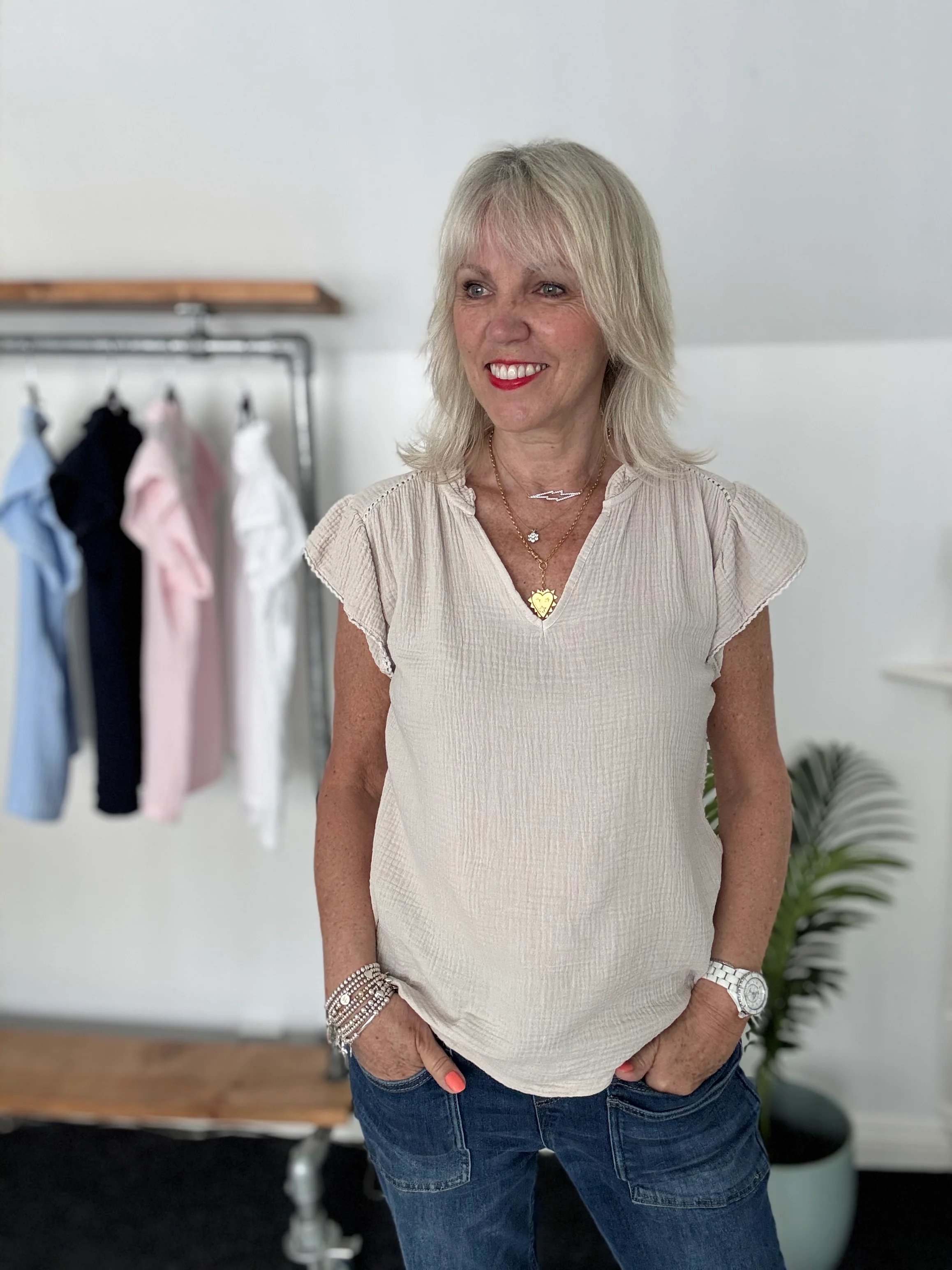 Cheesecloth Top with Ruffle Sleeves in Stone