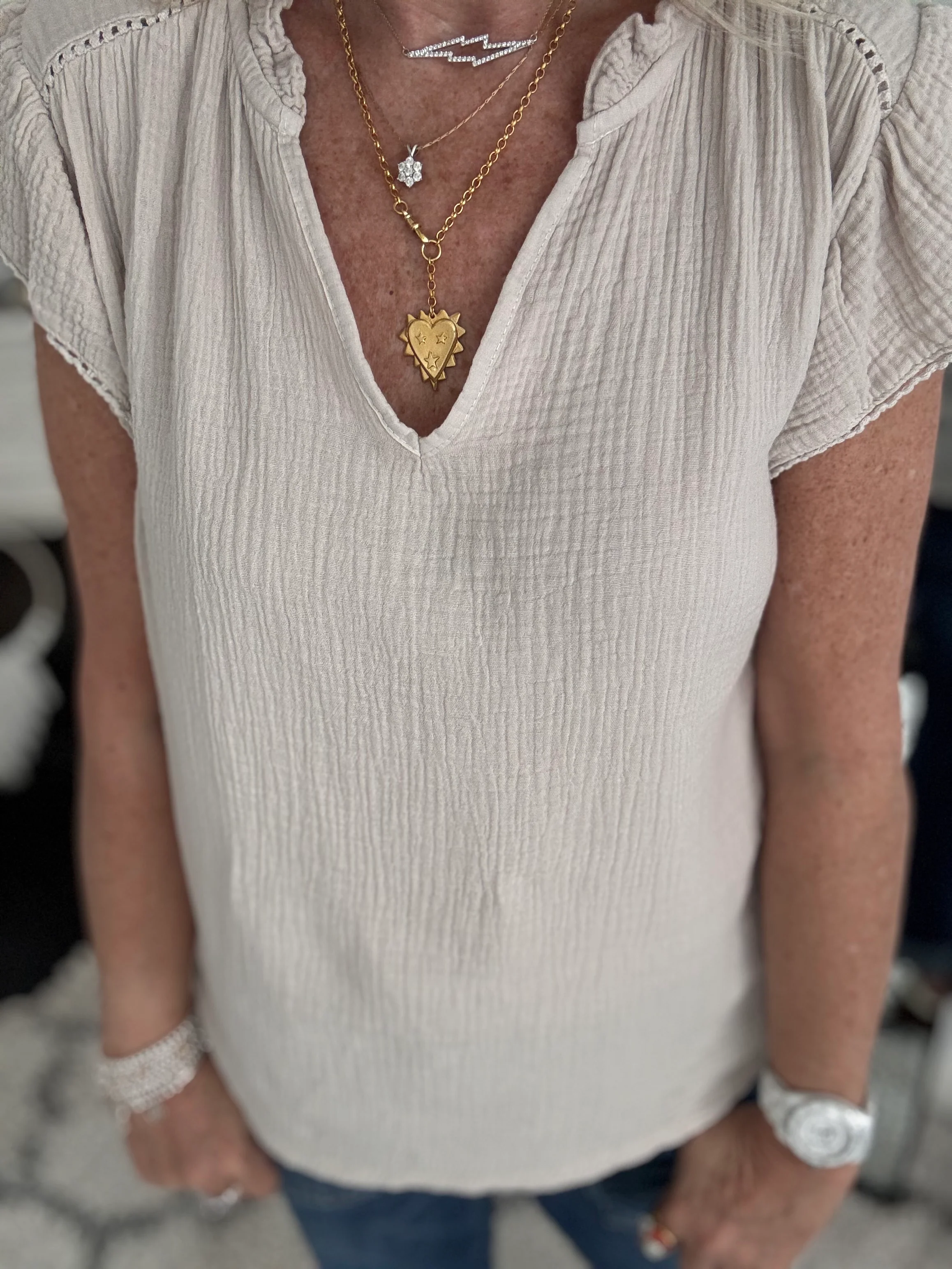 Cheesecloth Top with Ruffle Sleeves in Stone - Image 4