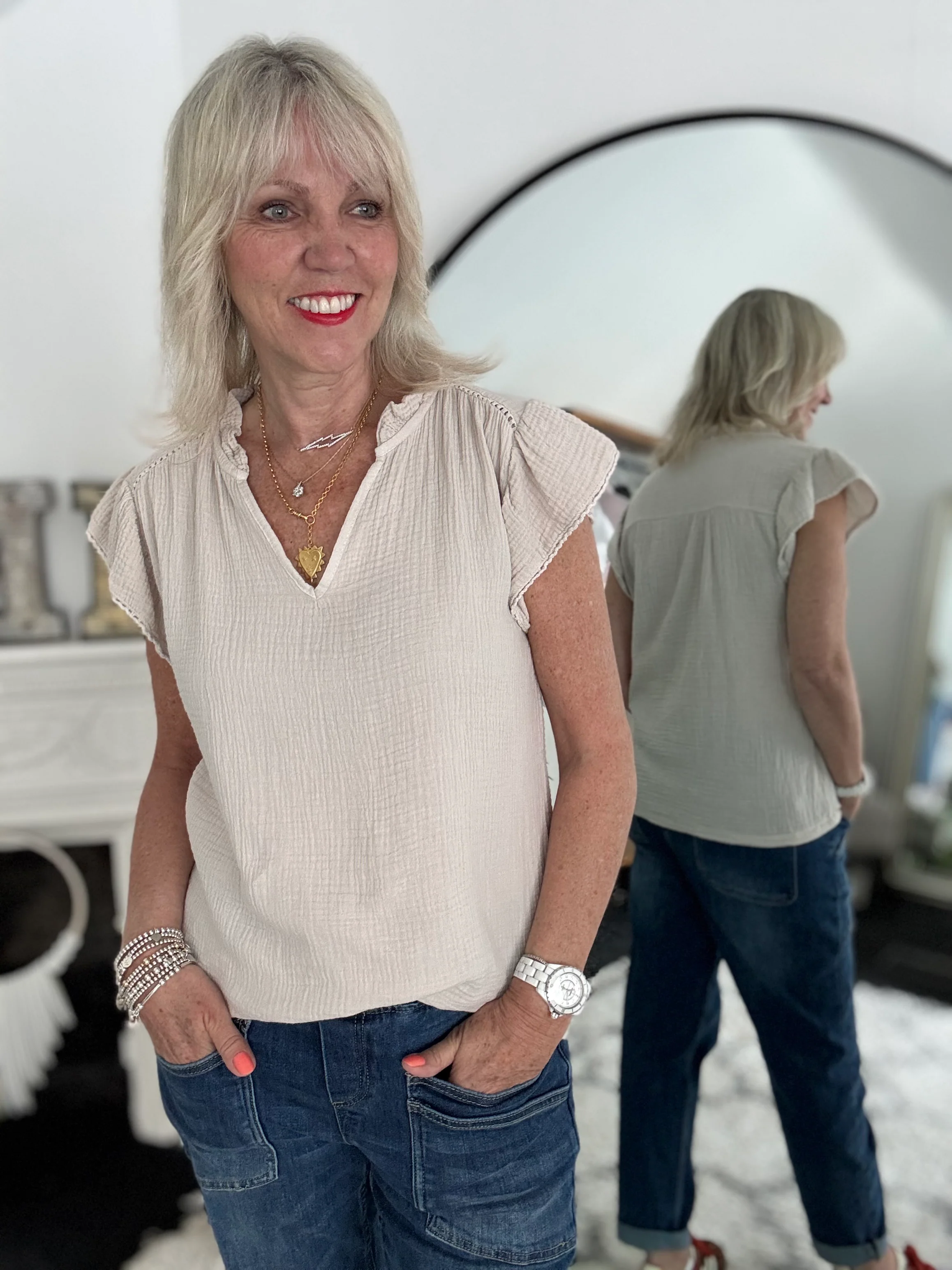 Cheesecloth Top with Ruffle Sleeves in Stone - Image 5