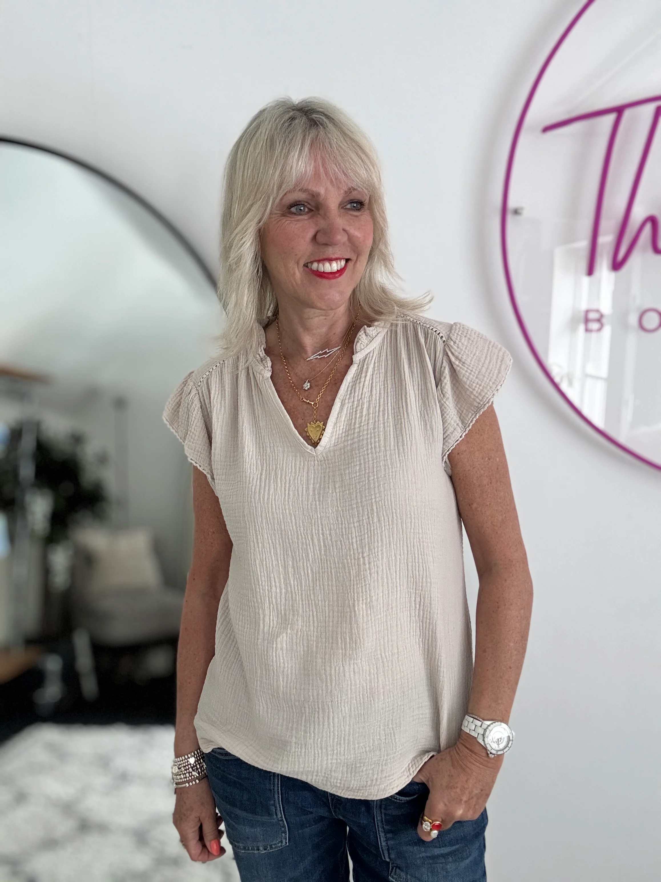 Cheesecloth Top with Ruffle Sleeves in Stone - Image 7