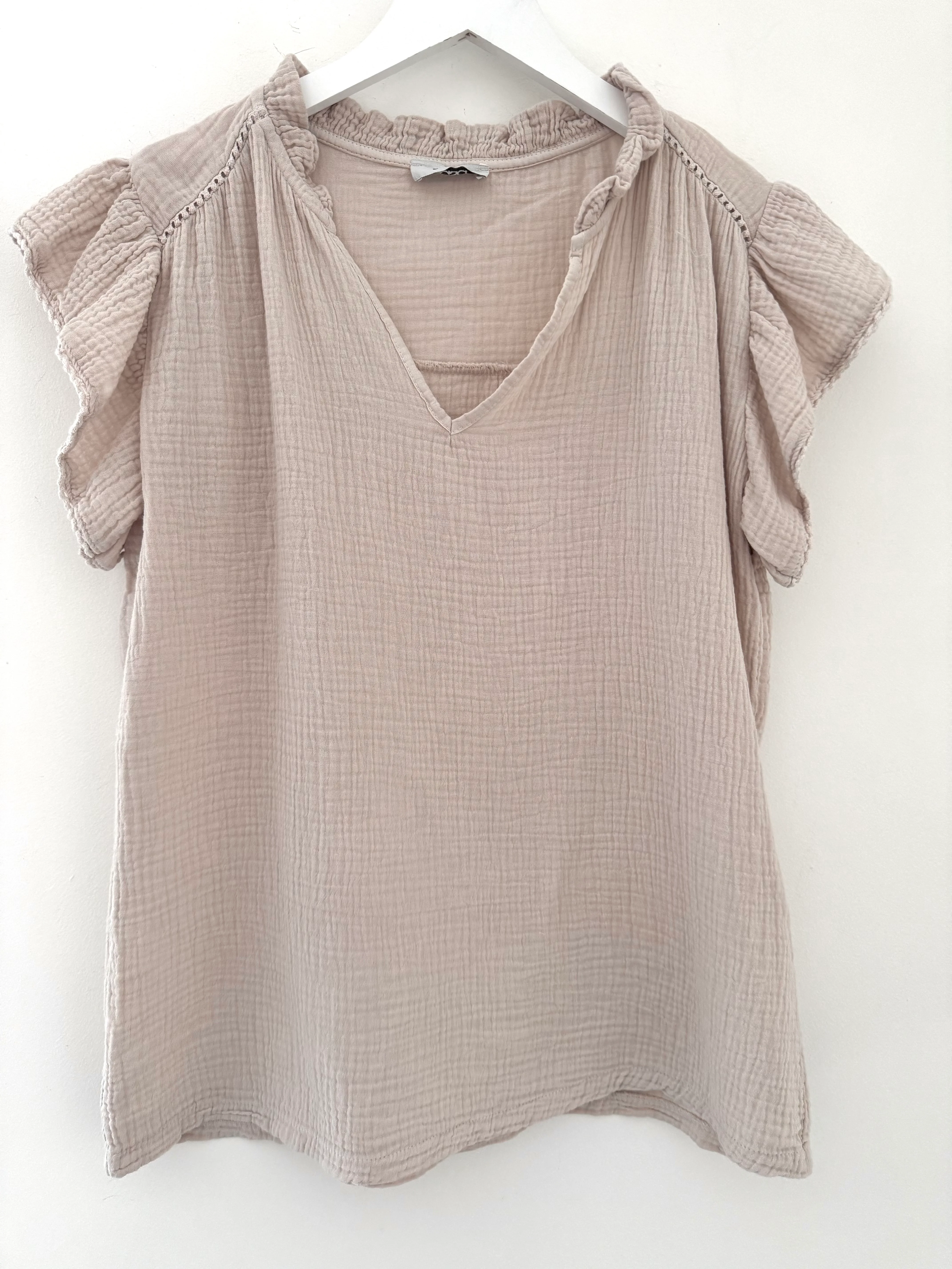 Cheesecloth Top with Ruffle Sleeves in Stone - Image 8