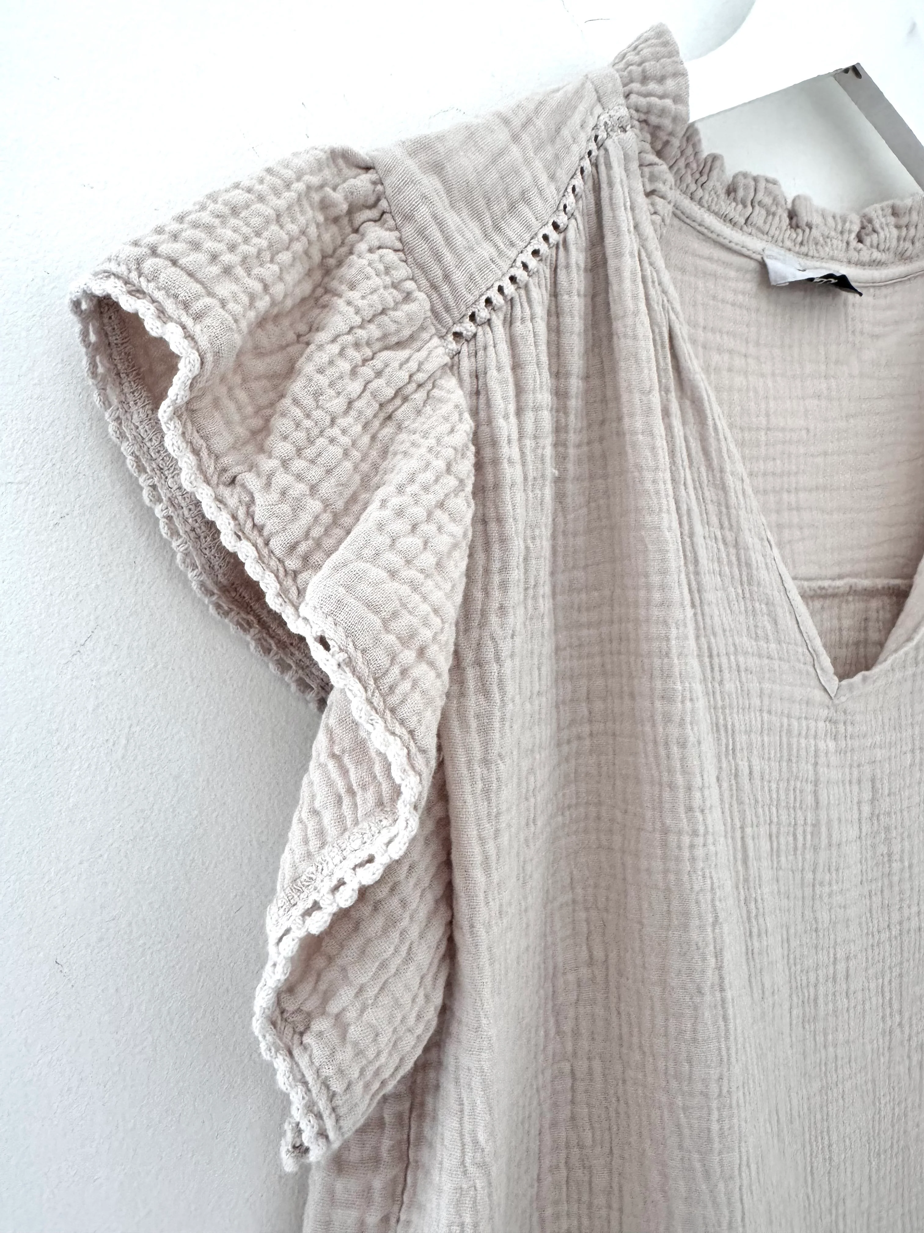 Cheesecloth Top with Ruffle Sleeves in Stone - Image 9