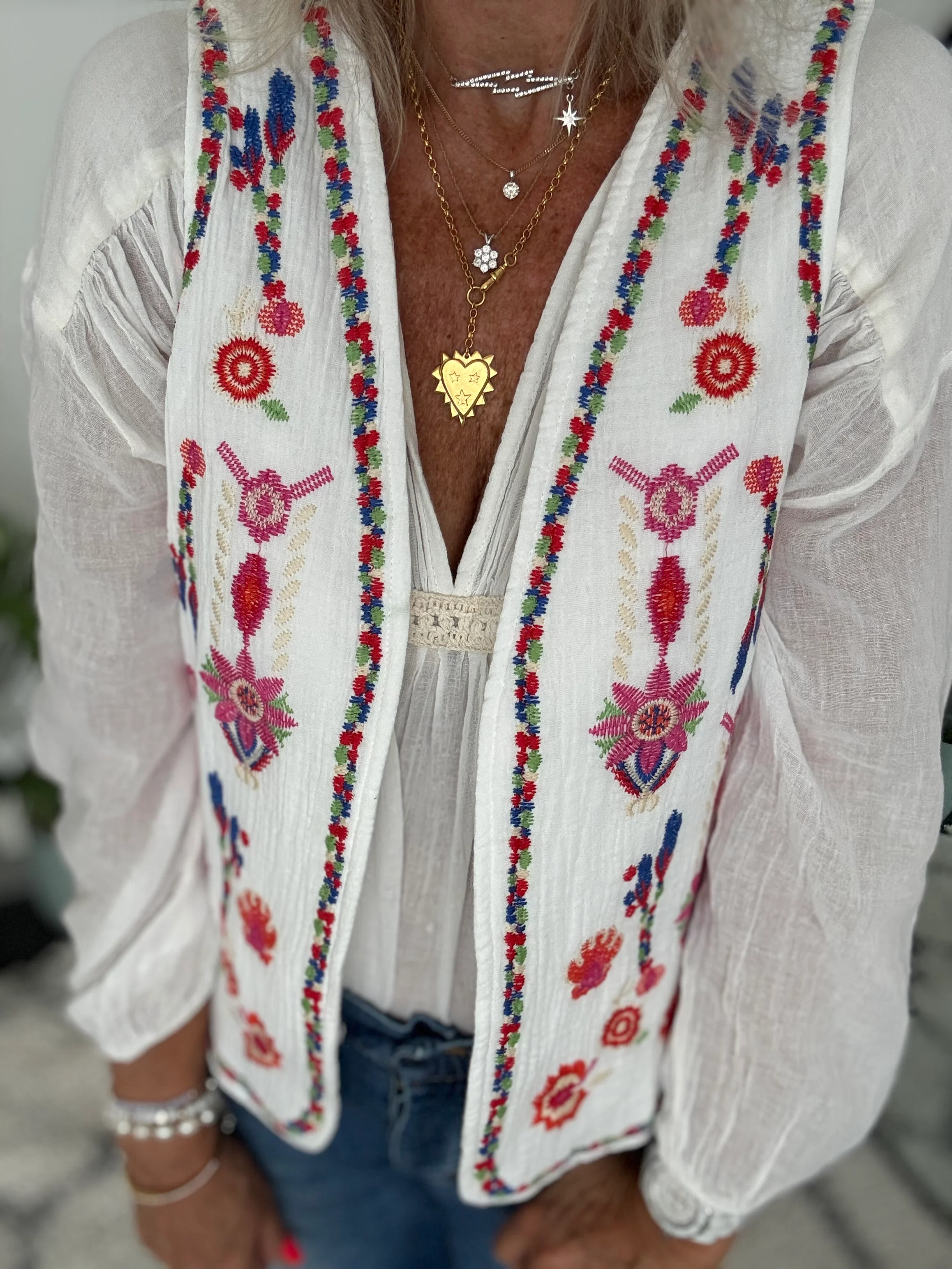 Cheesecloth Waistcoat with Embroidered Flowers - Image 4