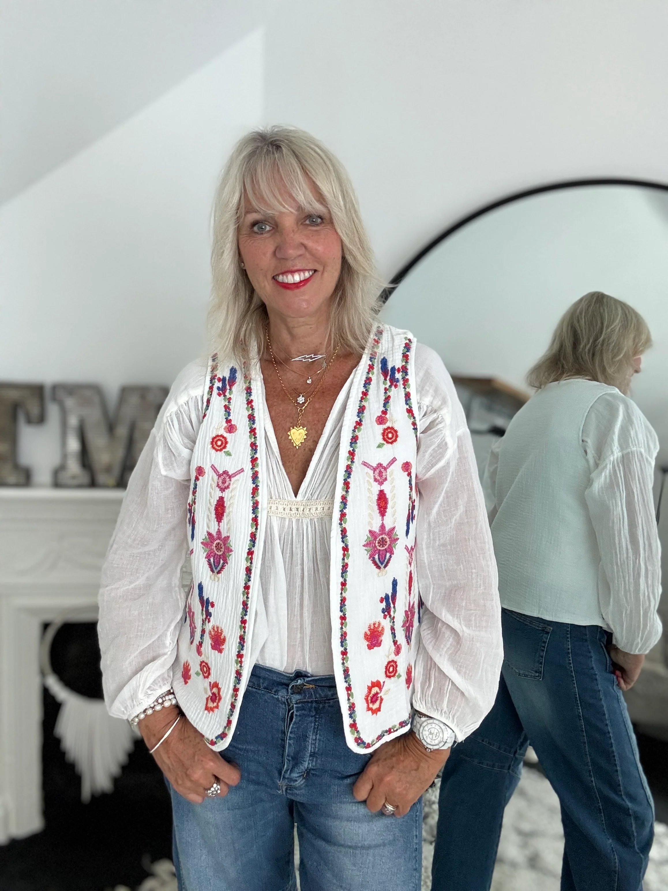 Cheesecloth Waistcoat with Embroidered Flowers - Image 7