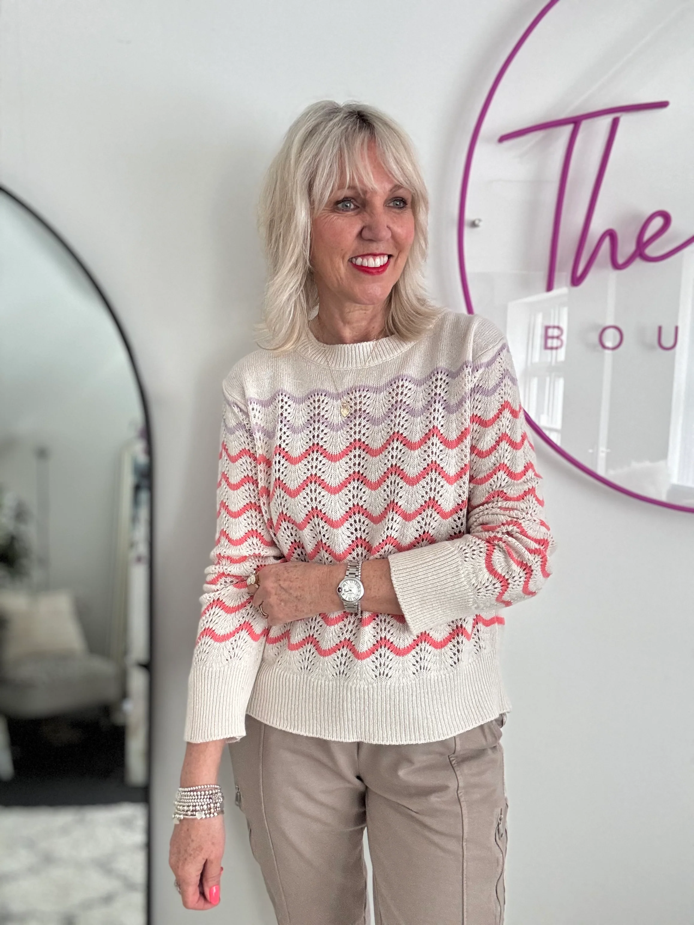 Wavy Cashmere Jumper in Ecru & Coral