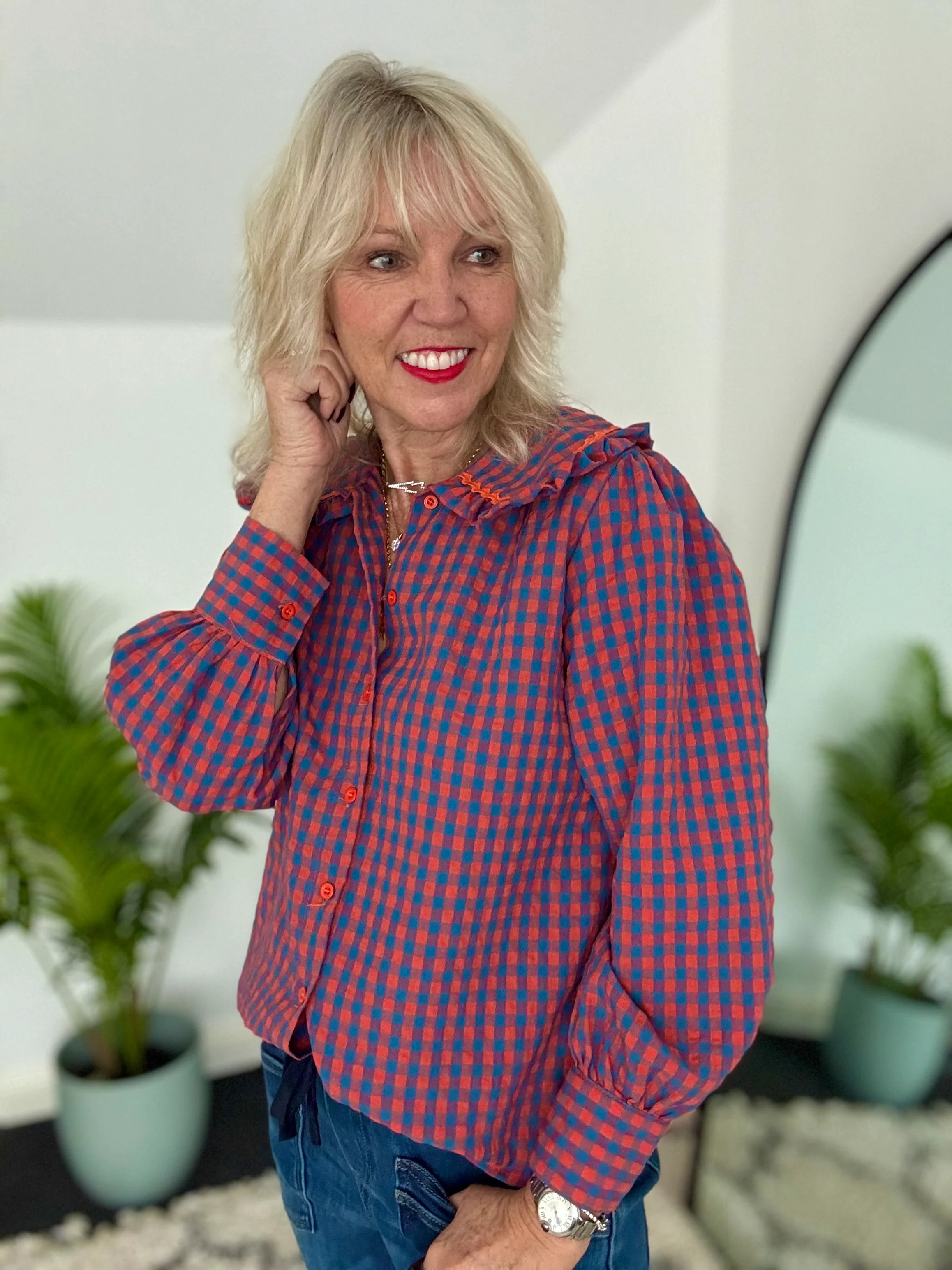 Collared Check Shirt in Orange & Blue - Image 3