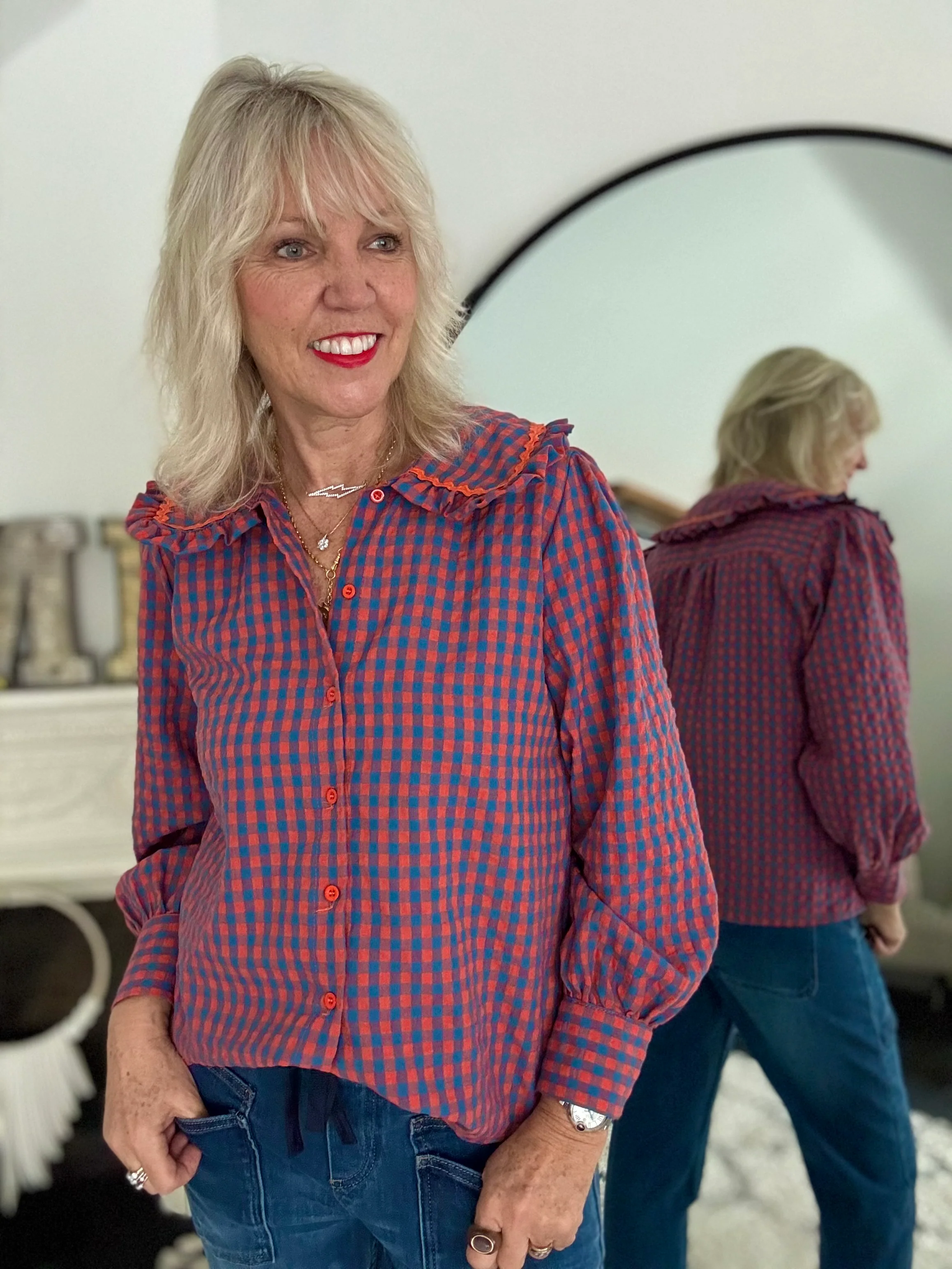 Collared Check Shirt in Orange & Blue - Image 5