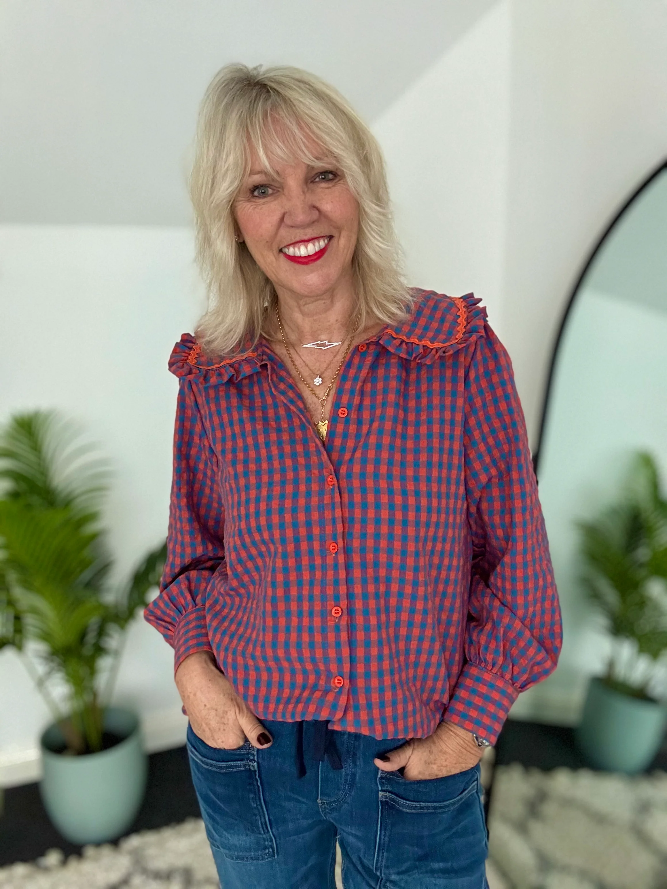 Collared Check Shirt in Orange & Blue - Image 7