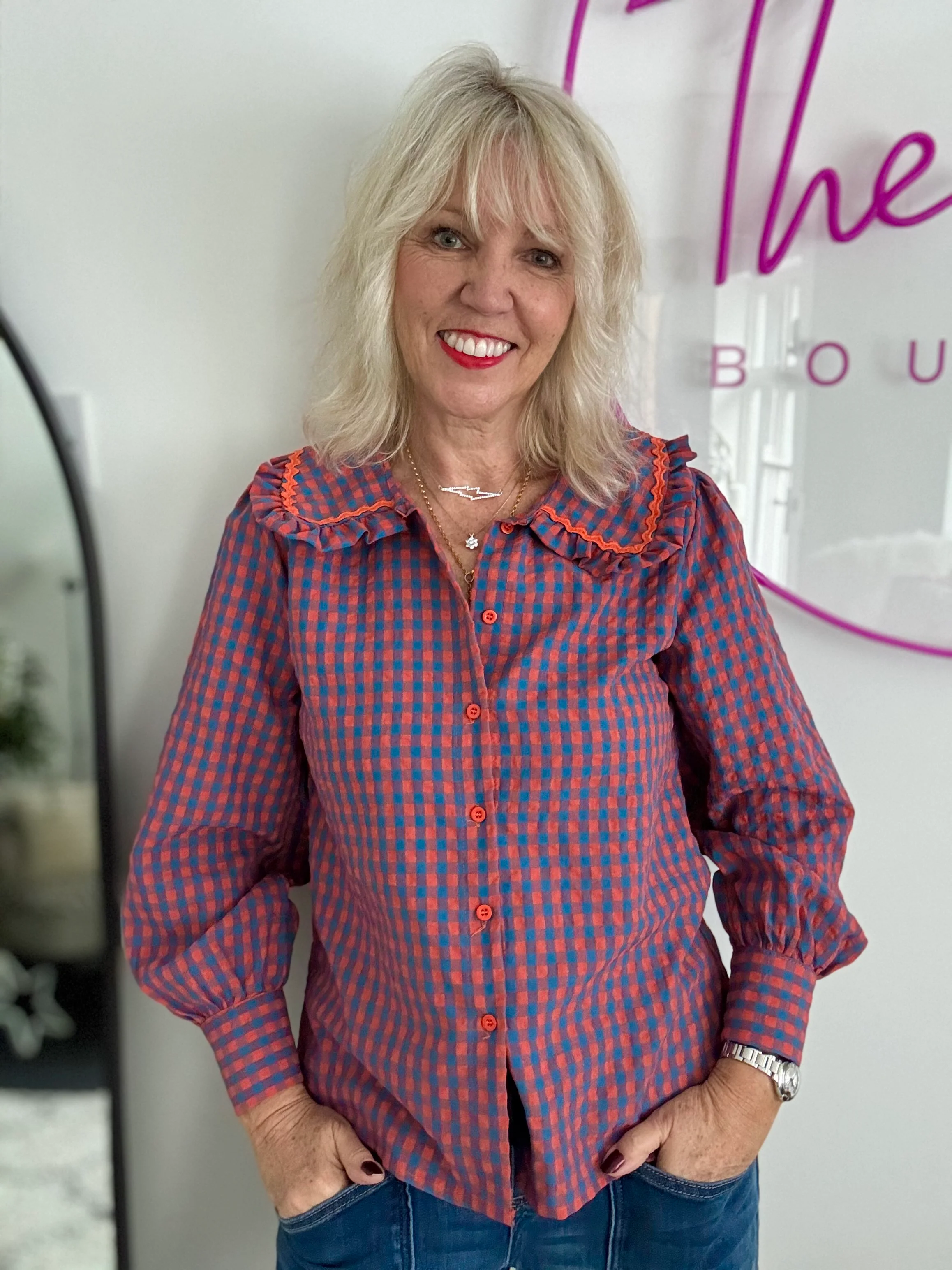 Collared Check Shirt in Orange & Blue - Image 8