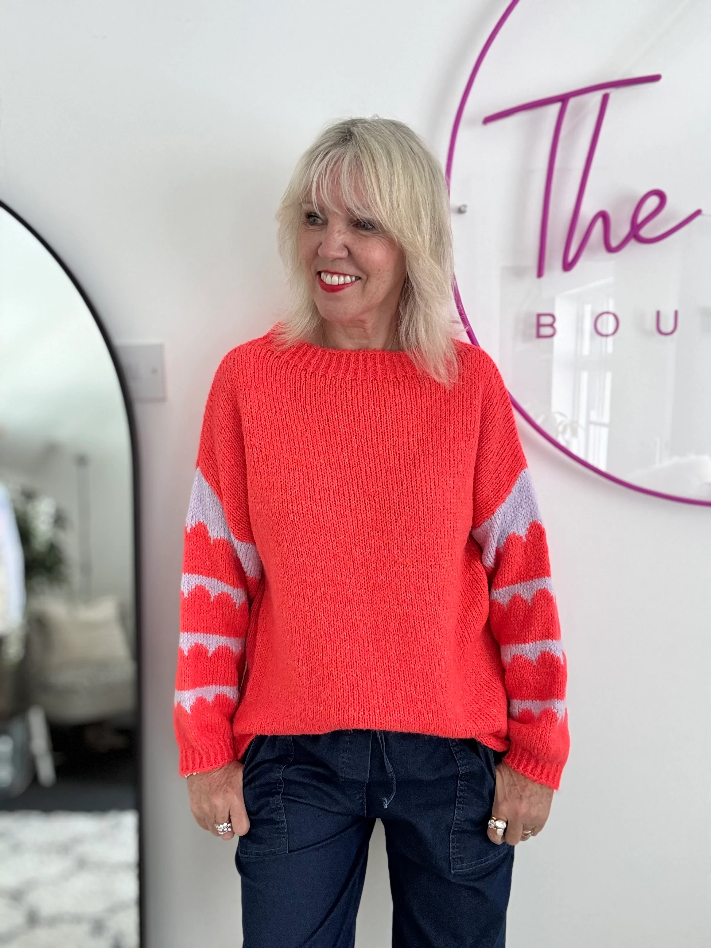 Coral Jumper with Stripe Lilac Sleeves