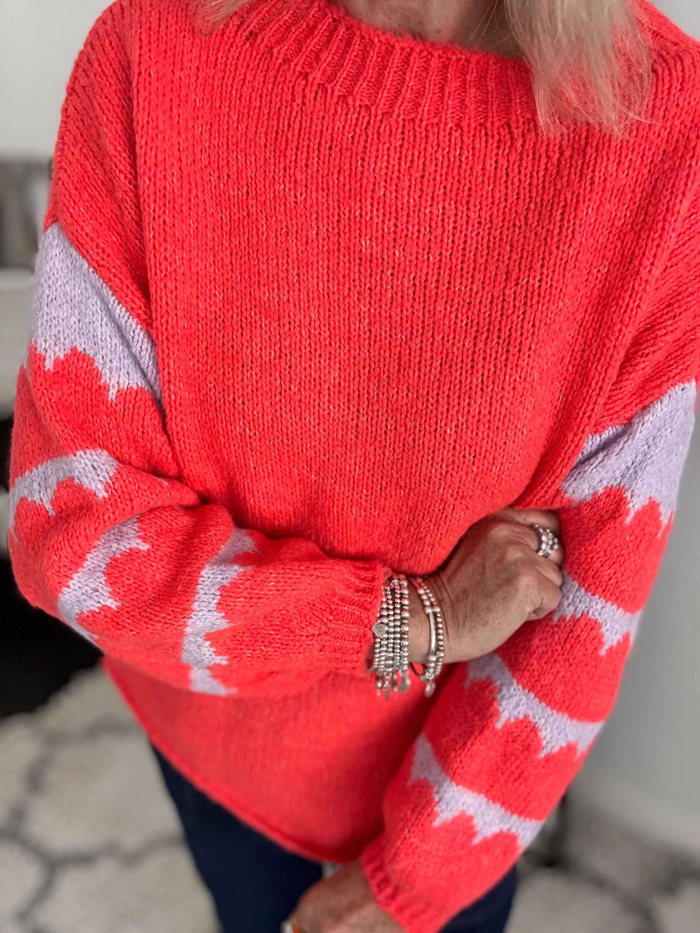 Coral Jumper with Stripe Lilac Sleeves - Image 2