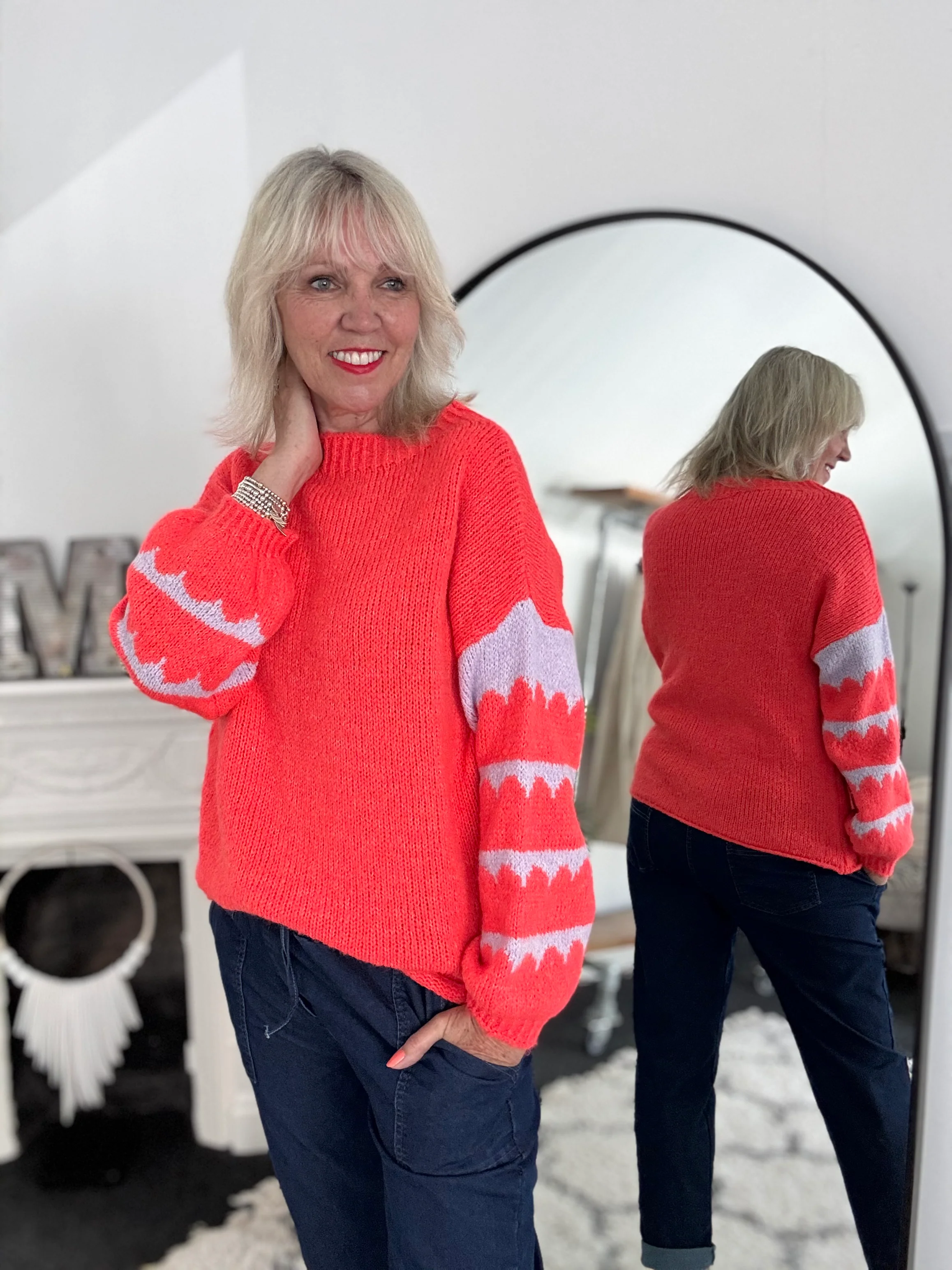 Coral Jumper with Stripe Lilac Sleeves - Image 3
