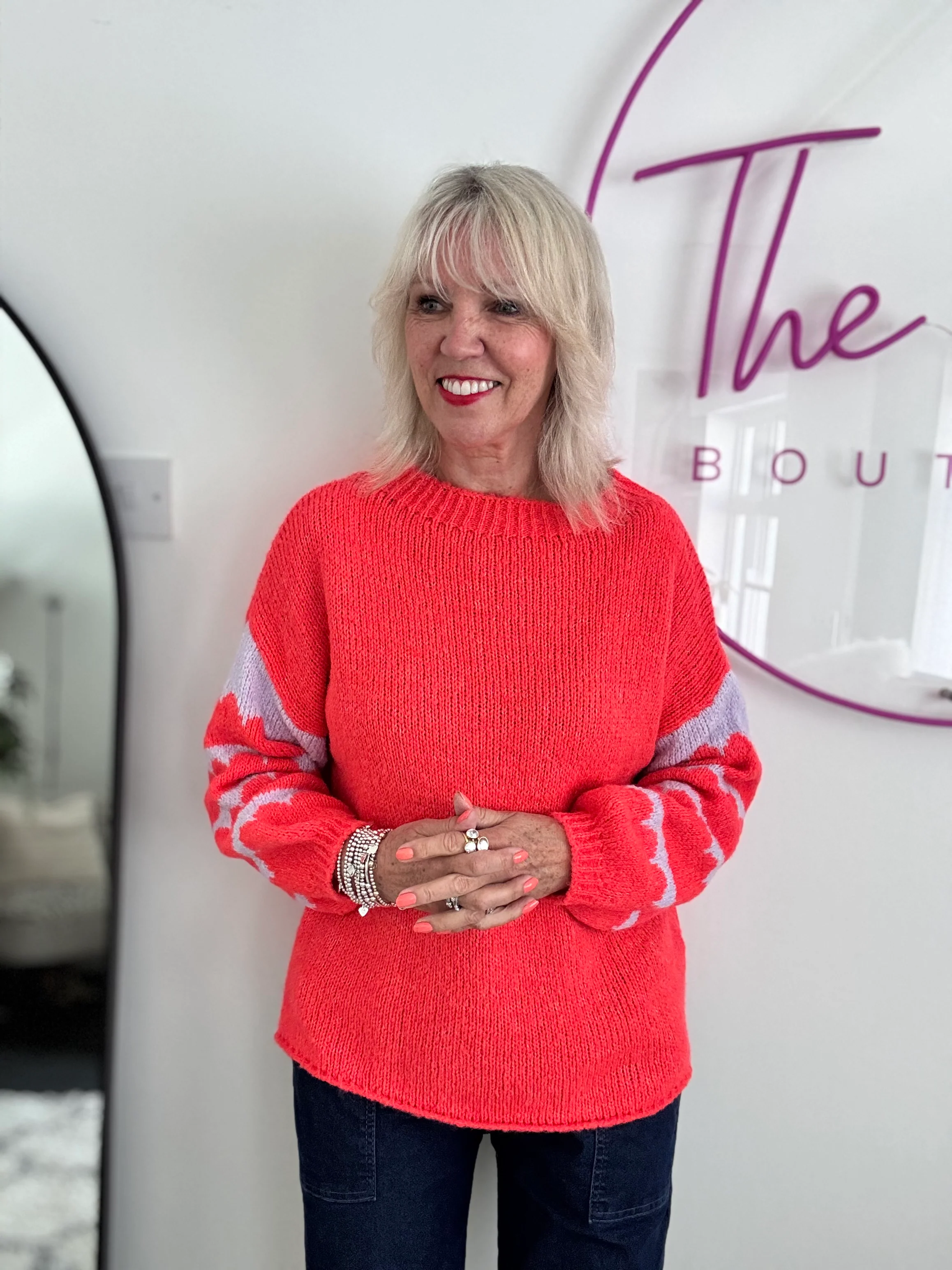 Coral Jumper with Stripe Lilac Sleeves - Image 4