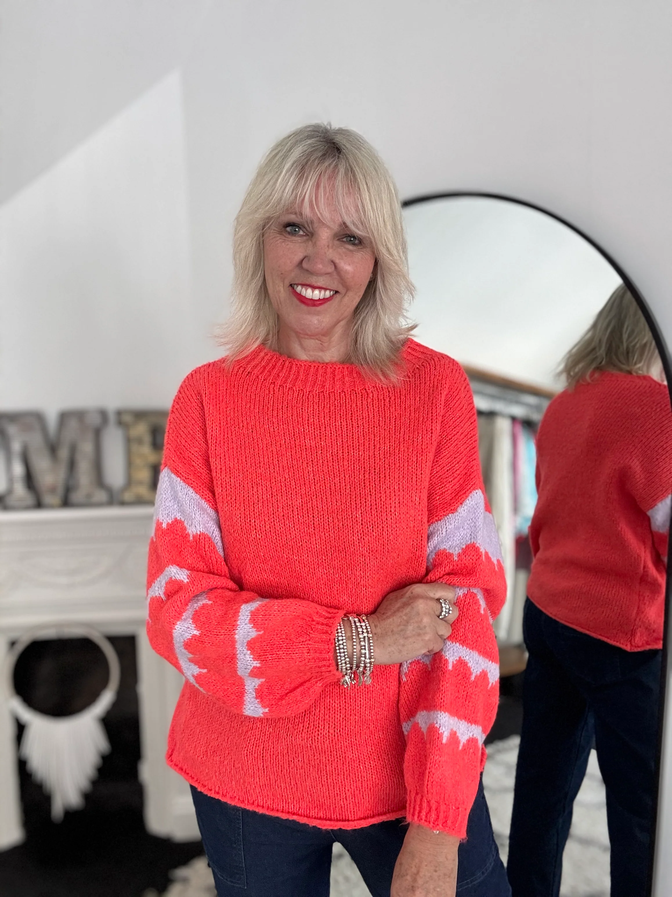 Coral Jumper with Stripe Lilac Sleeves - Image 6