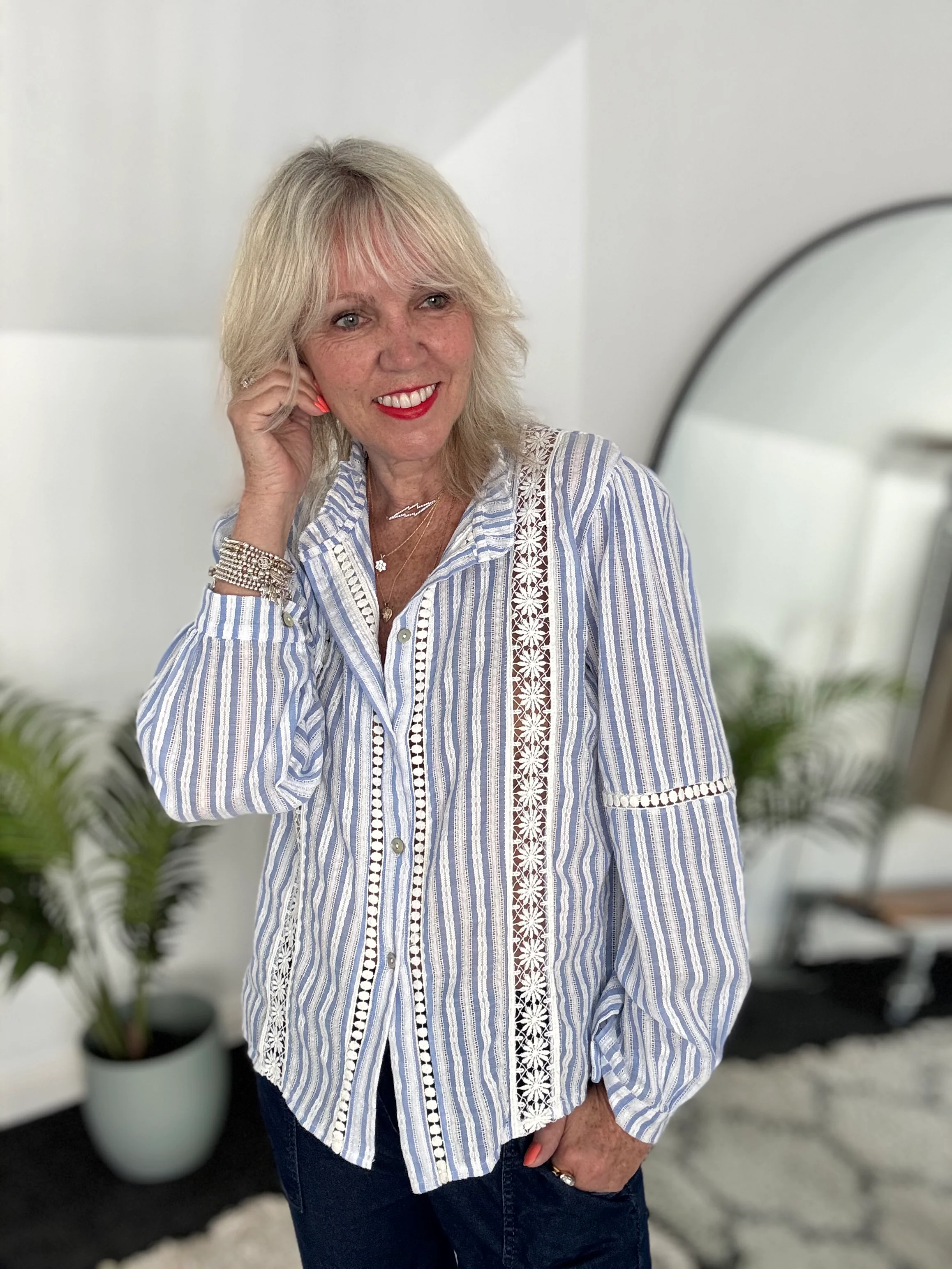 Cotton & Lace Shirt in Blue & White
