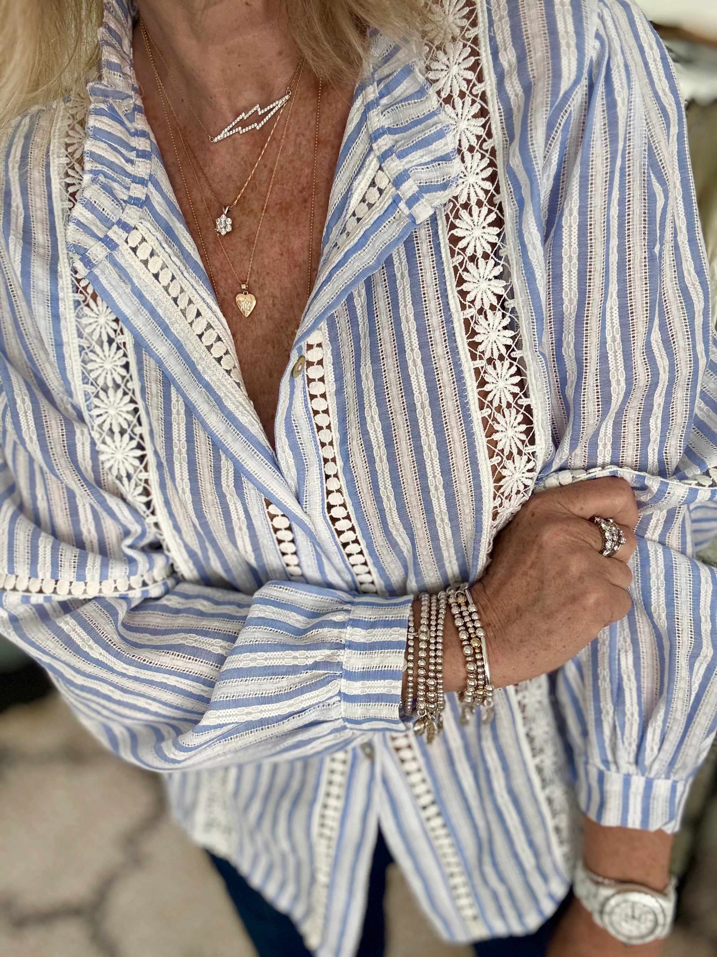 Cotton & Lace Shirt in Blue & White - Image 2