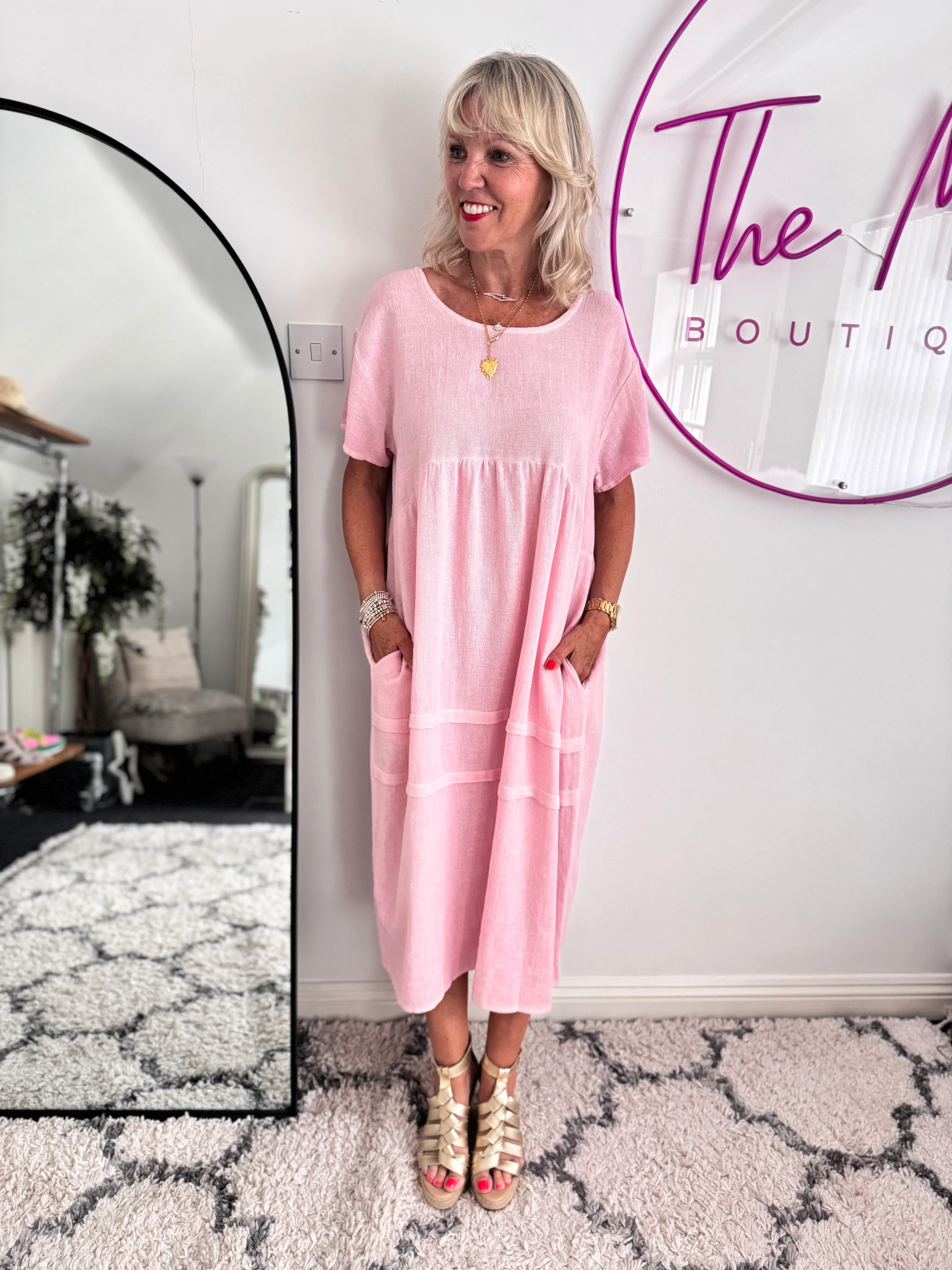 Cotton & Linen Cocoon Dress in Baby Pink - Image 4