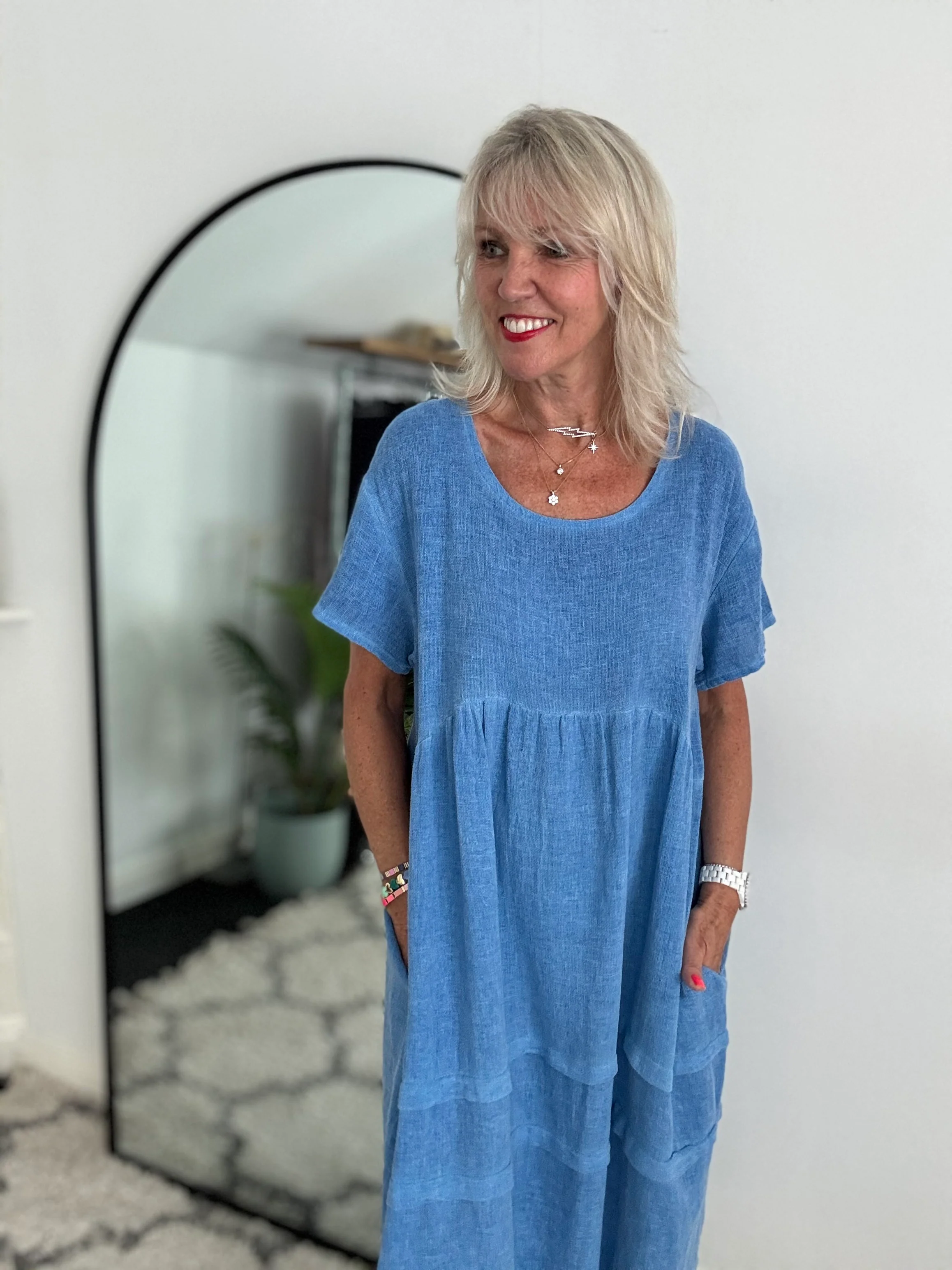 Cotton & Linen Cocoon Dress in Cornflower Blue - Image 3