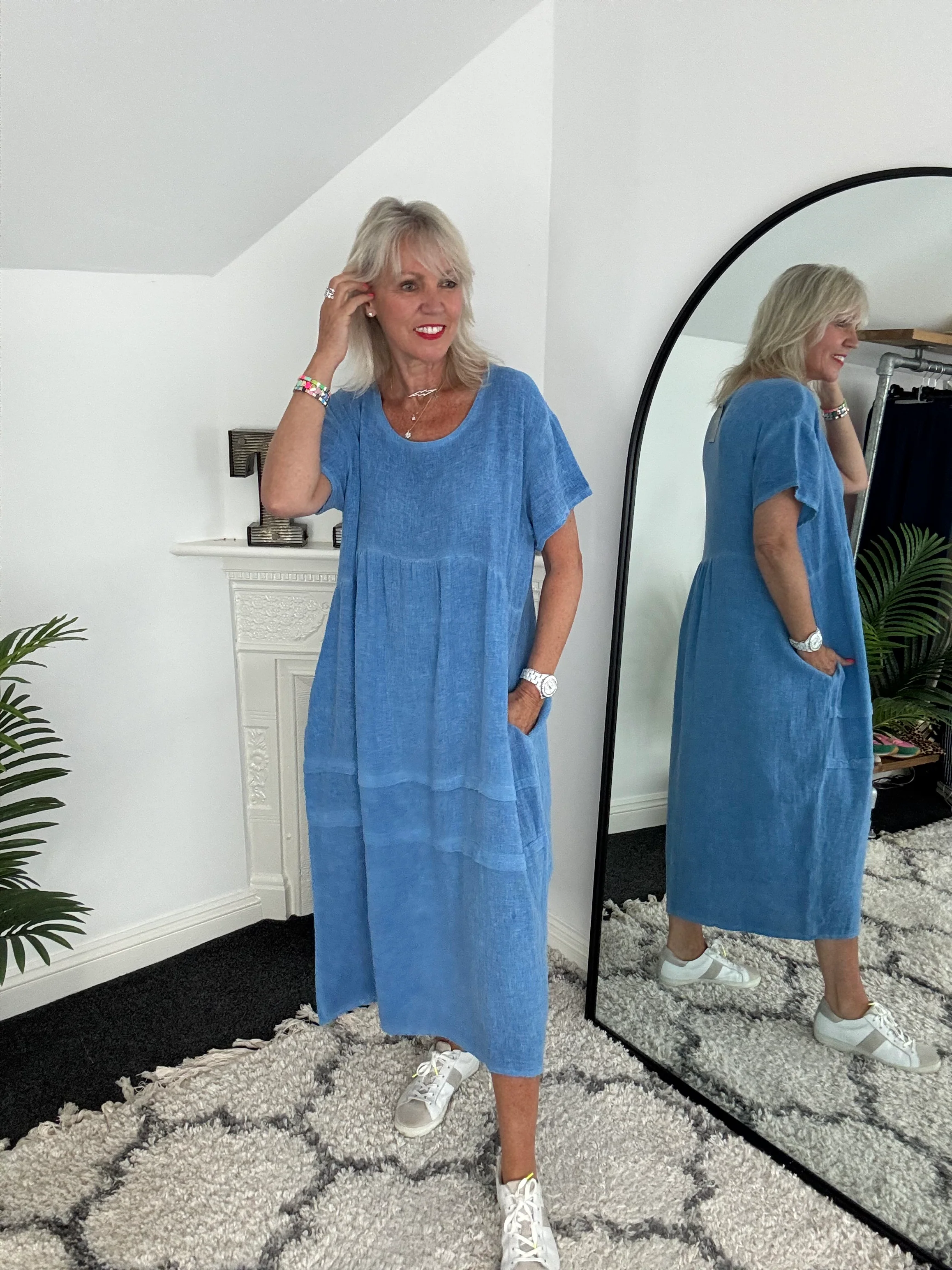 Cotton & Linen Cocoon Dress in Cornflower Blue - Image 4