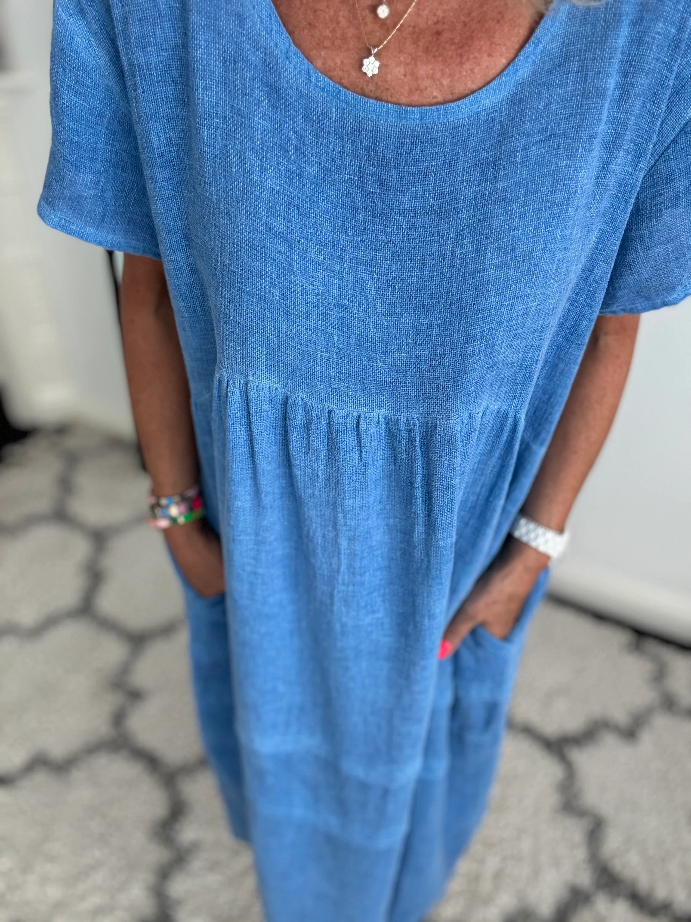 Cotton & Linen Cocoon Dress in Cornflower Blue - Image 5