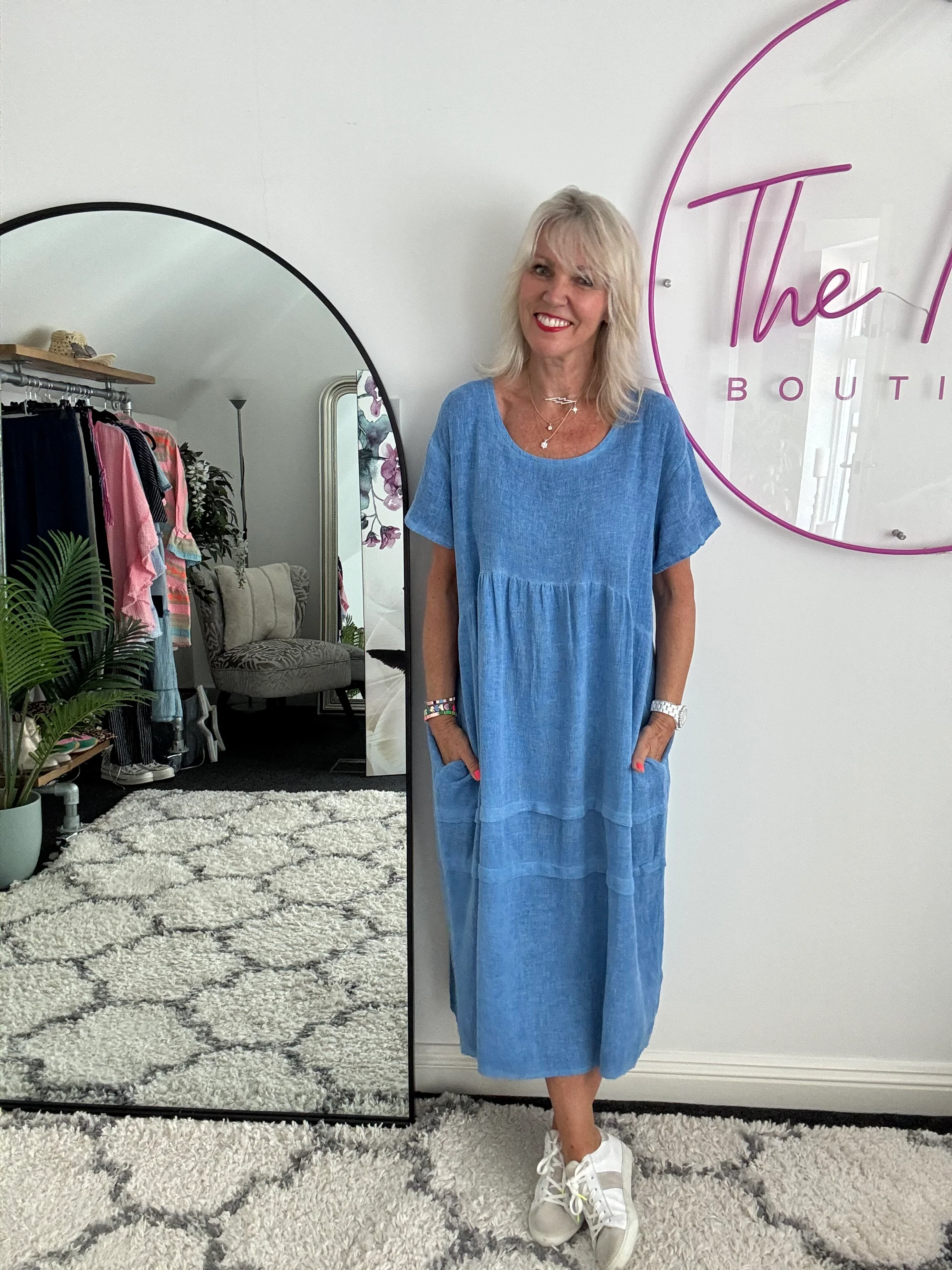Cotton & Linen Cocoon Dress in Cornflower Blue - Image 6