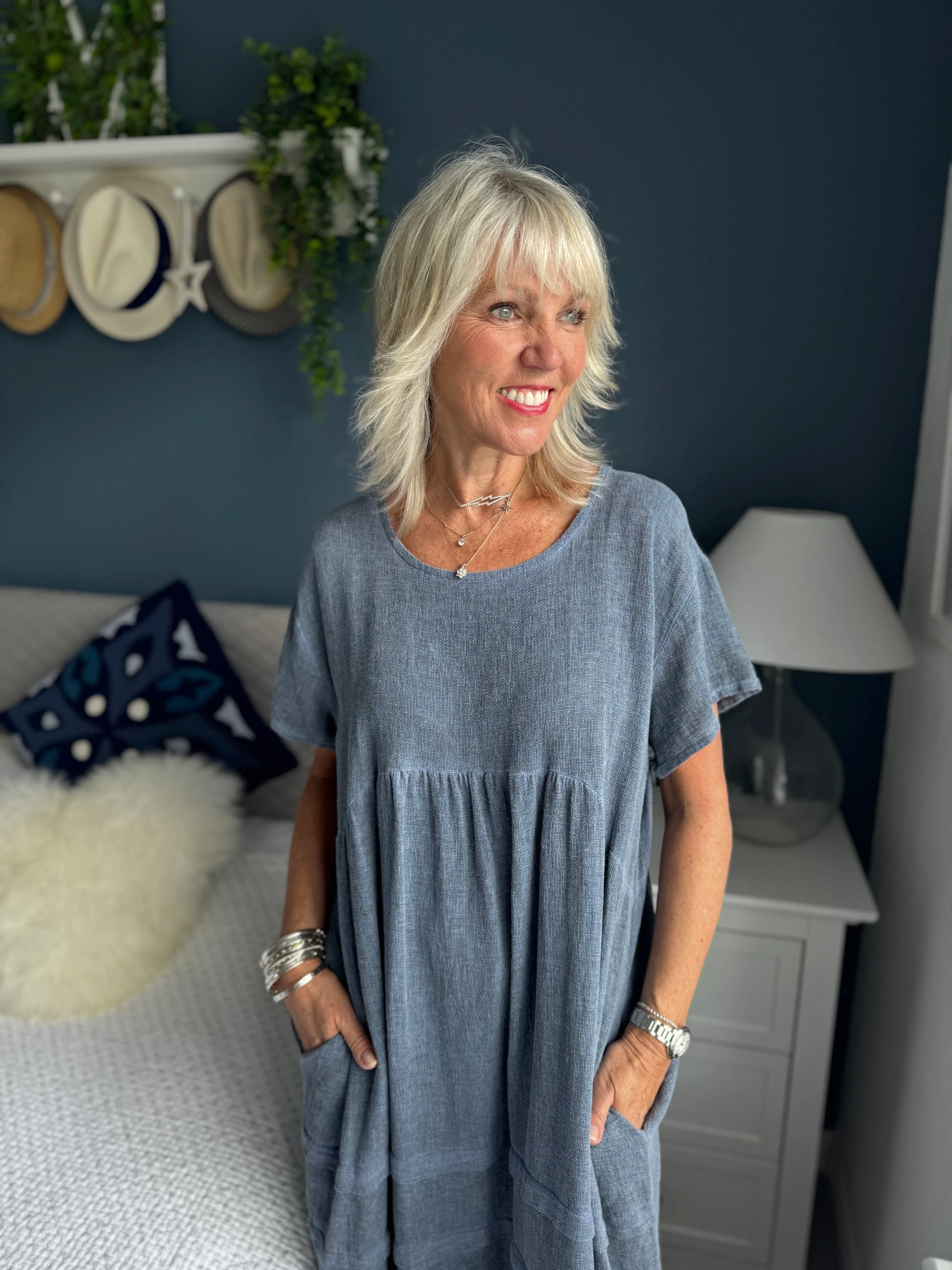 Cotton & Linen Cocoon Dress in Denim Blue
