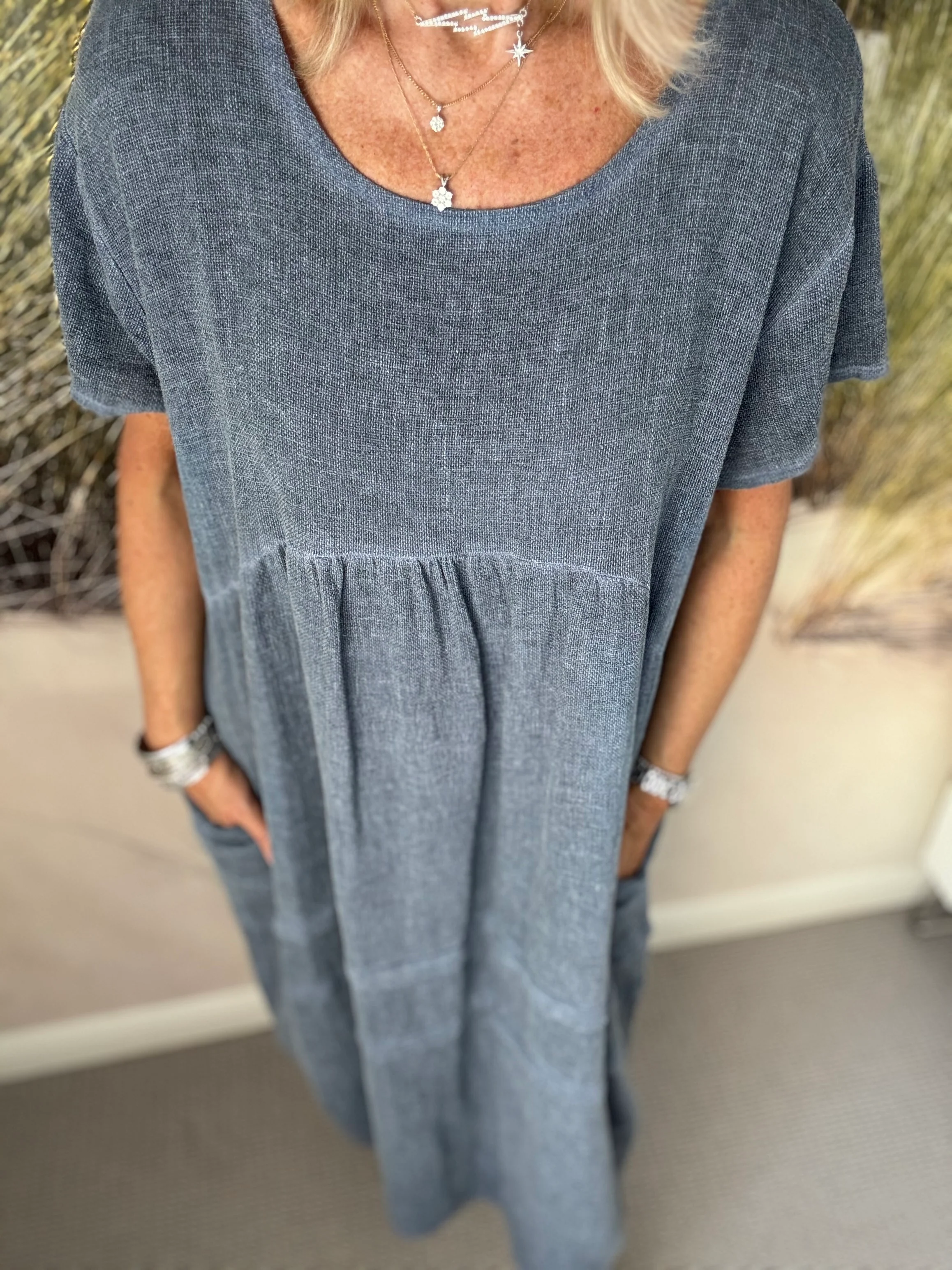 Cotton & Linen Cocoon Dress in Denim Blue - Image 2