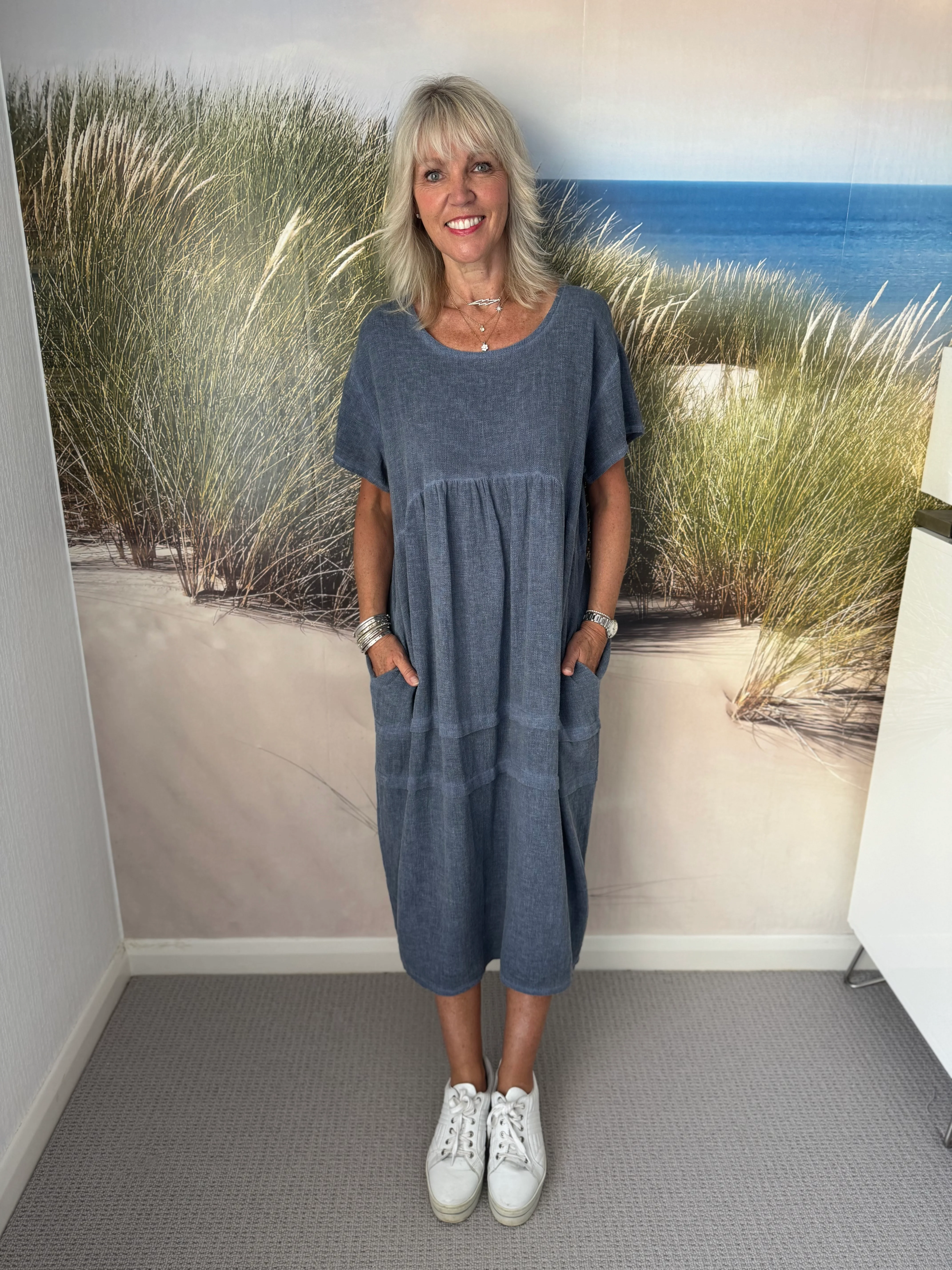 Cotton & Linen Cocoon Dress in Denim Blue - Image 3