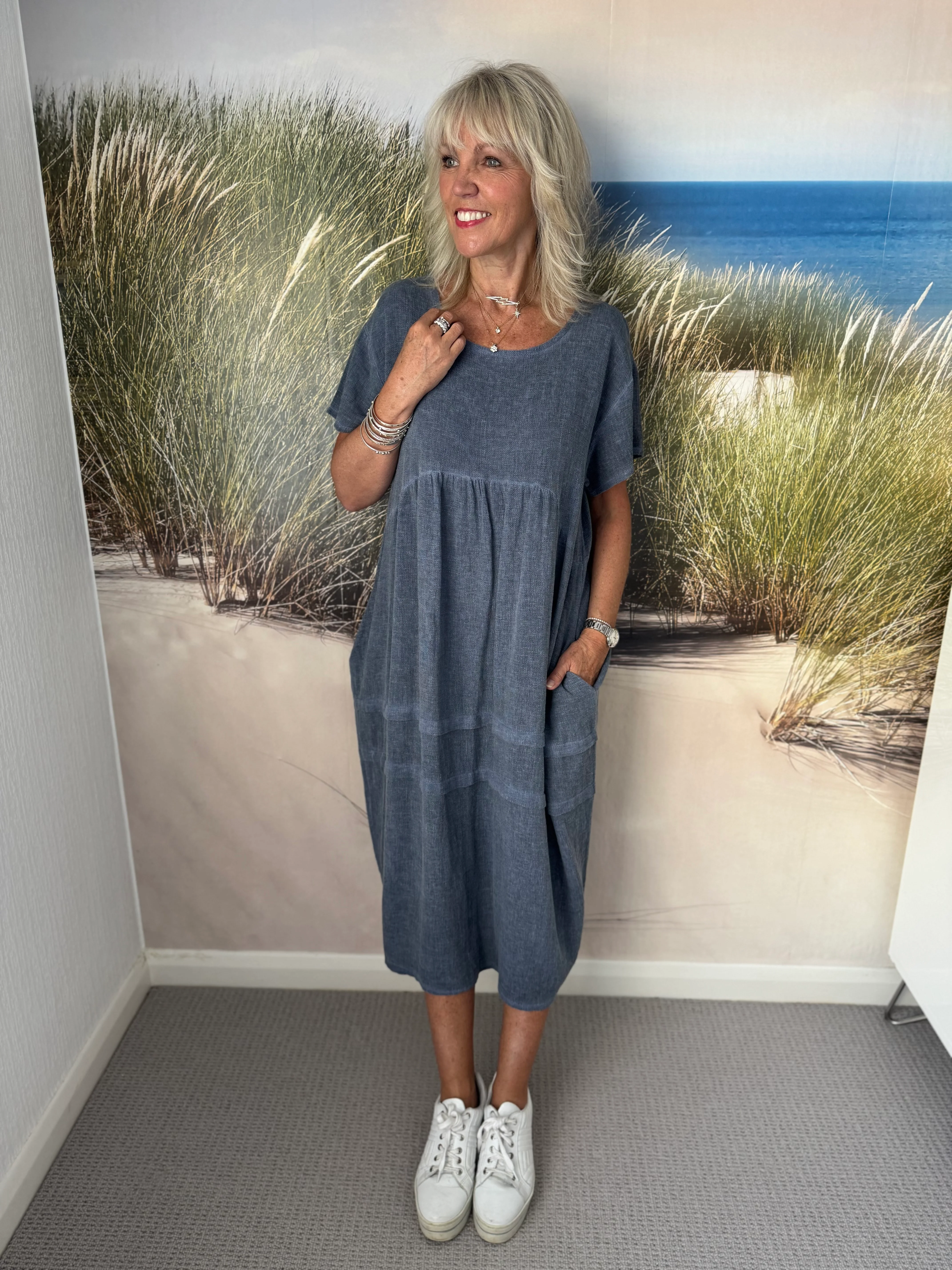 Cotton & Linen Cocoon Dress in Denim Blue - Image 4