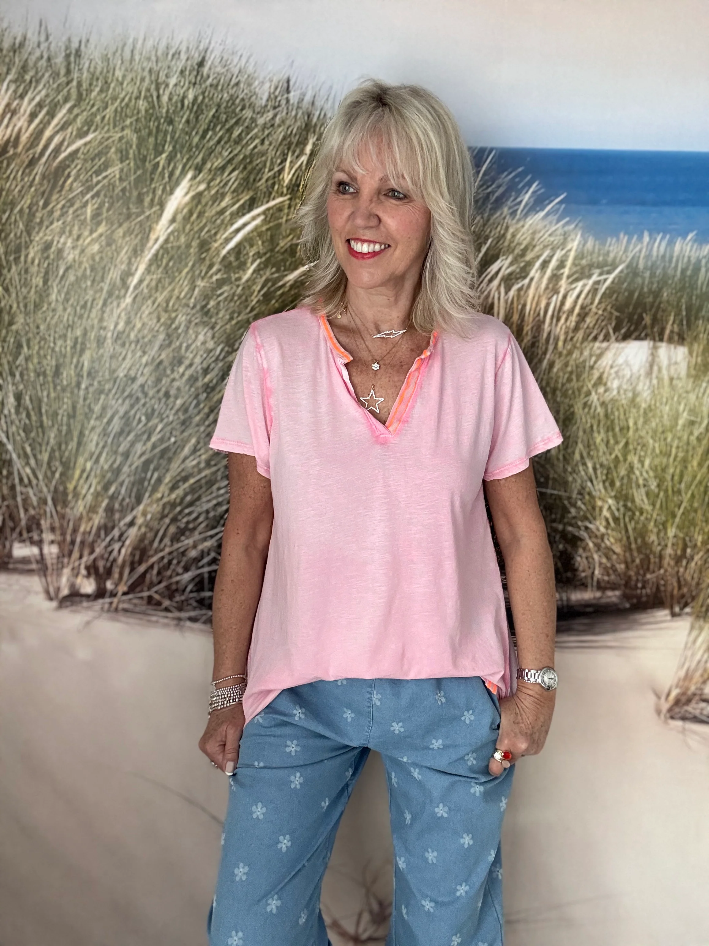 Cotton Top with Neon Trim in Pink - Image 5