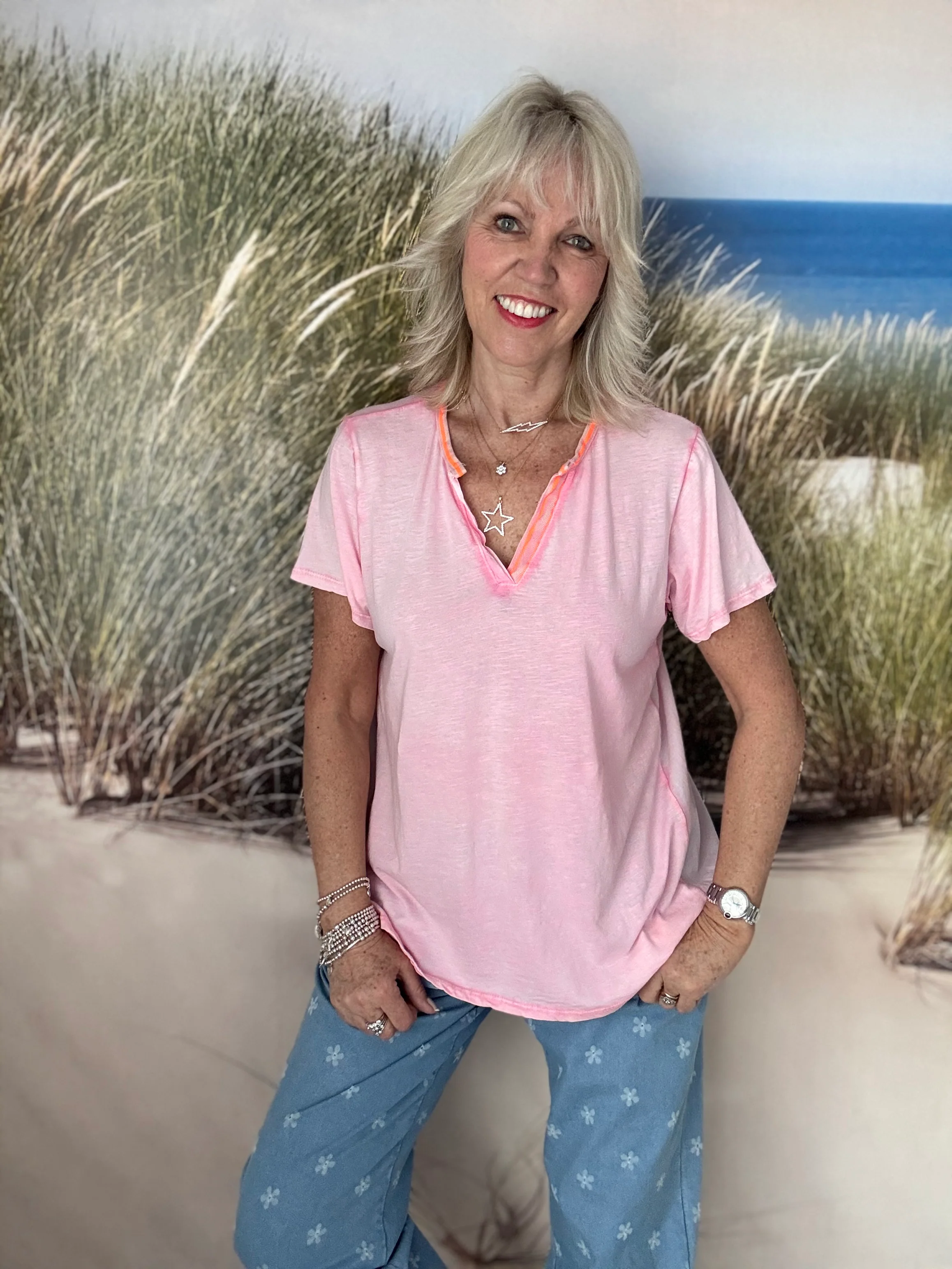 Cotton Top with Neon Trim in Pink - Image 7