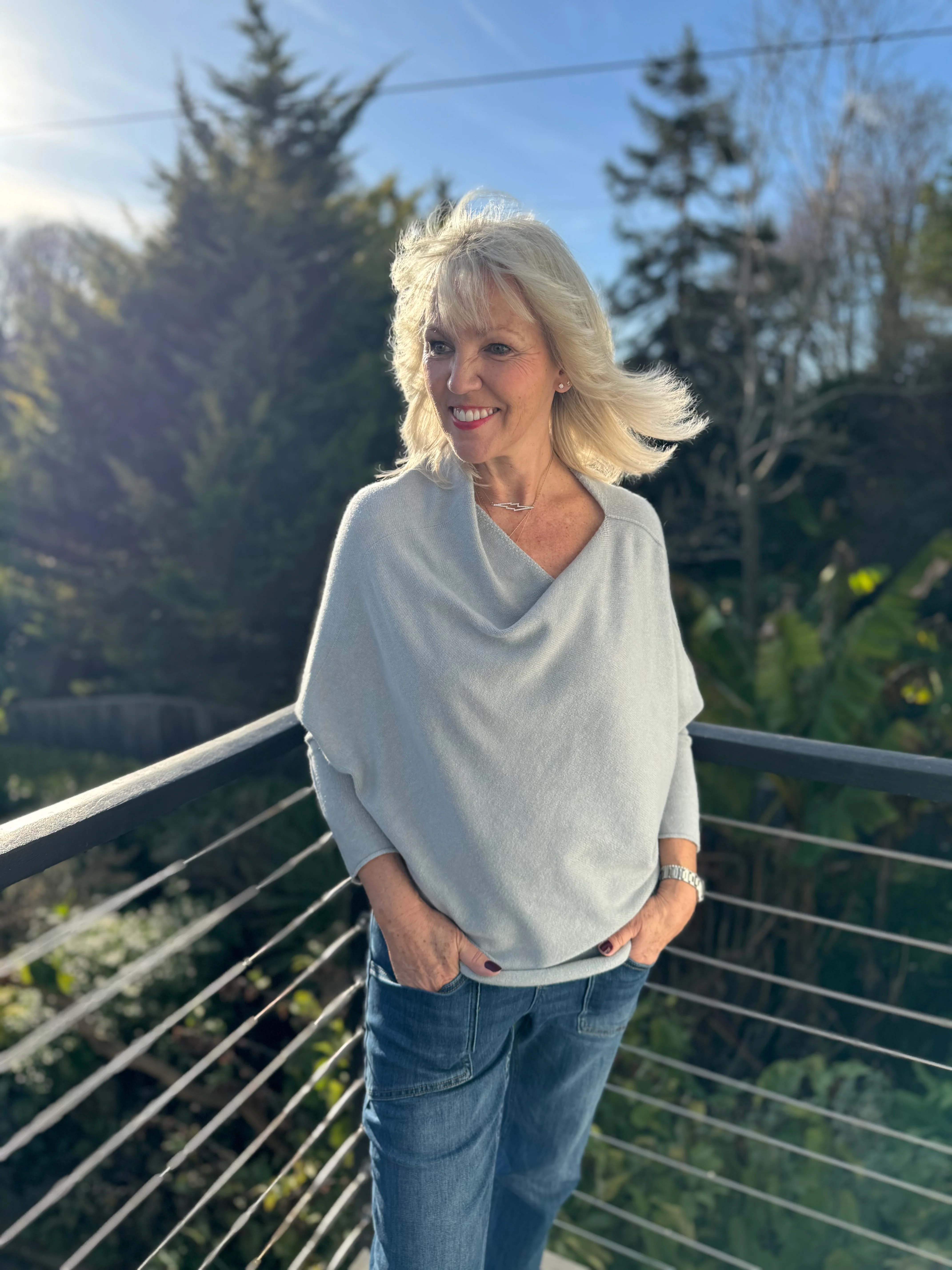 Cowl Neck Asymmetric Jumper in Grey - Image 3