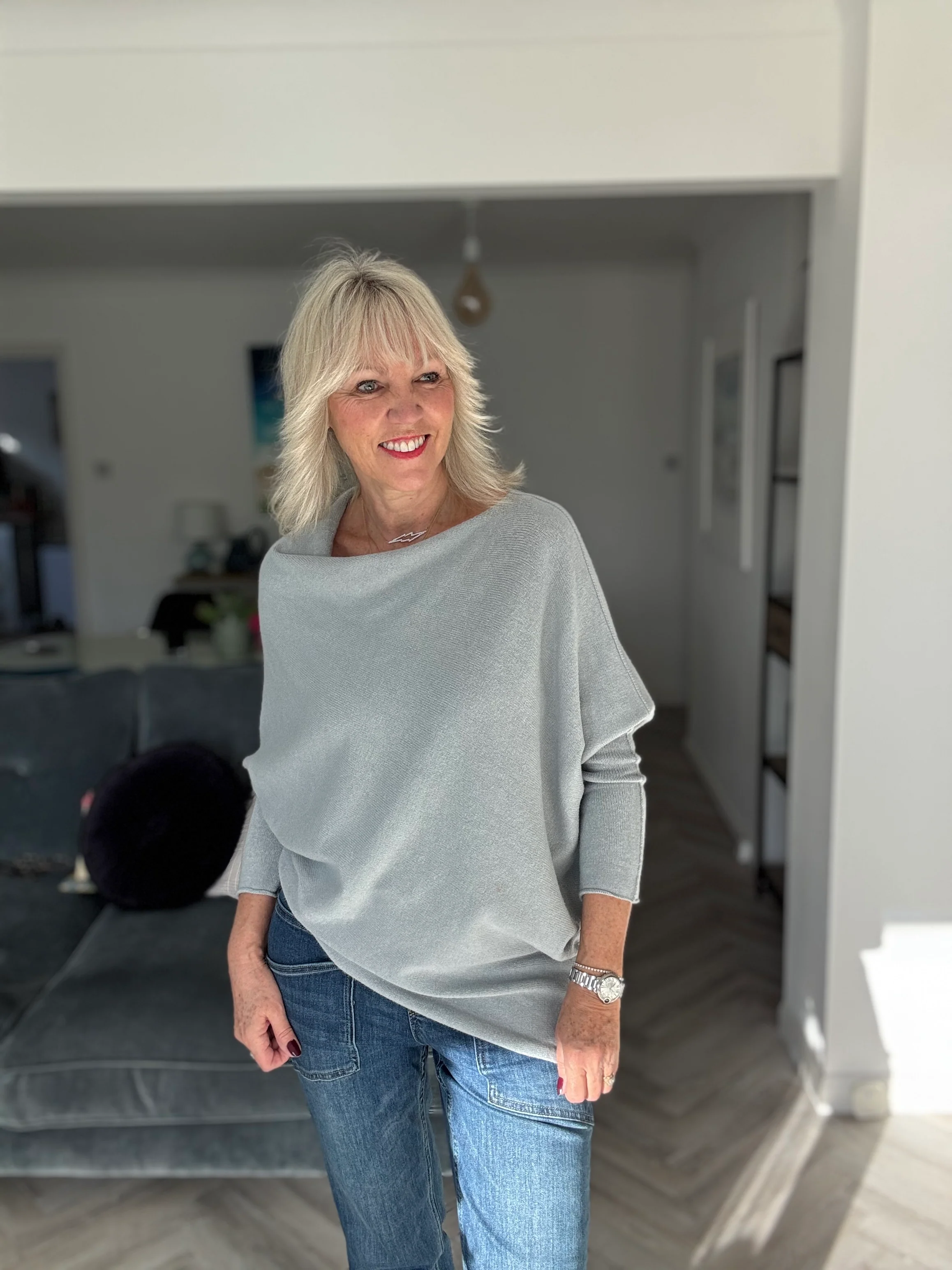 Cowl Neck Asymmetric Jumper in Grey - Image 4