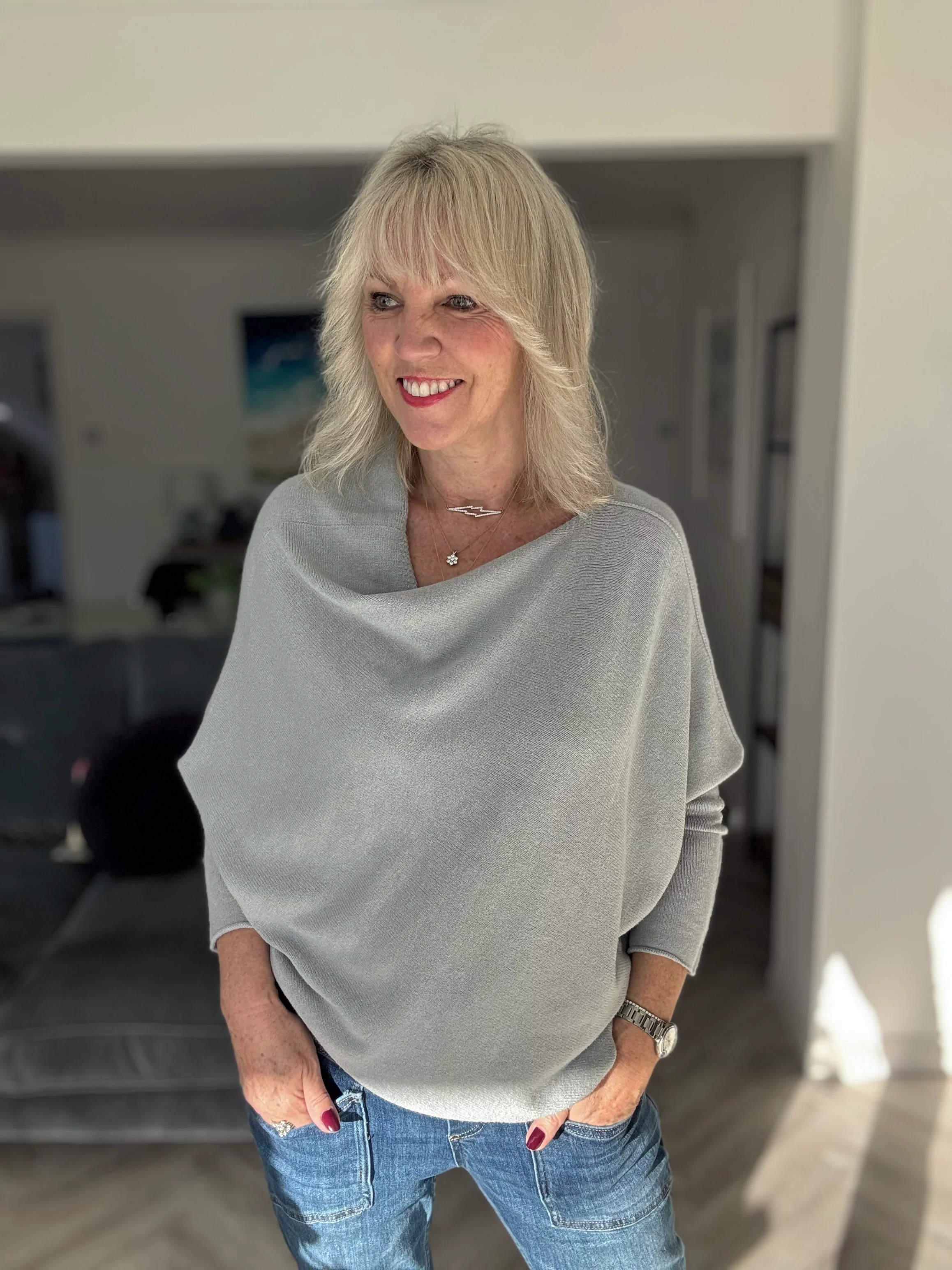 Cowl Neck Asymmetric Jumper in Grey - Image 6
