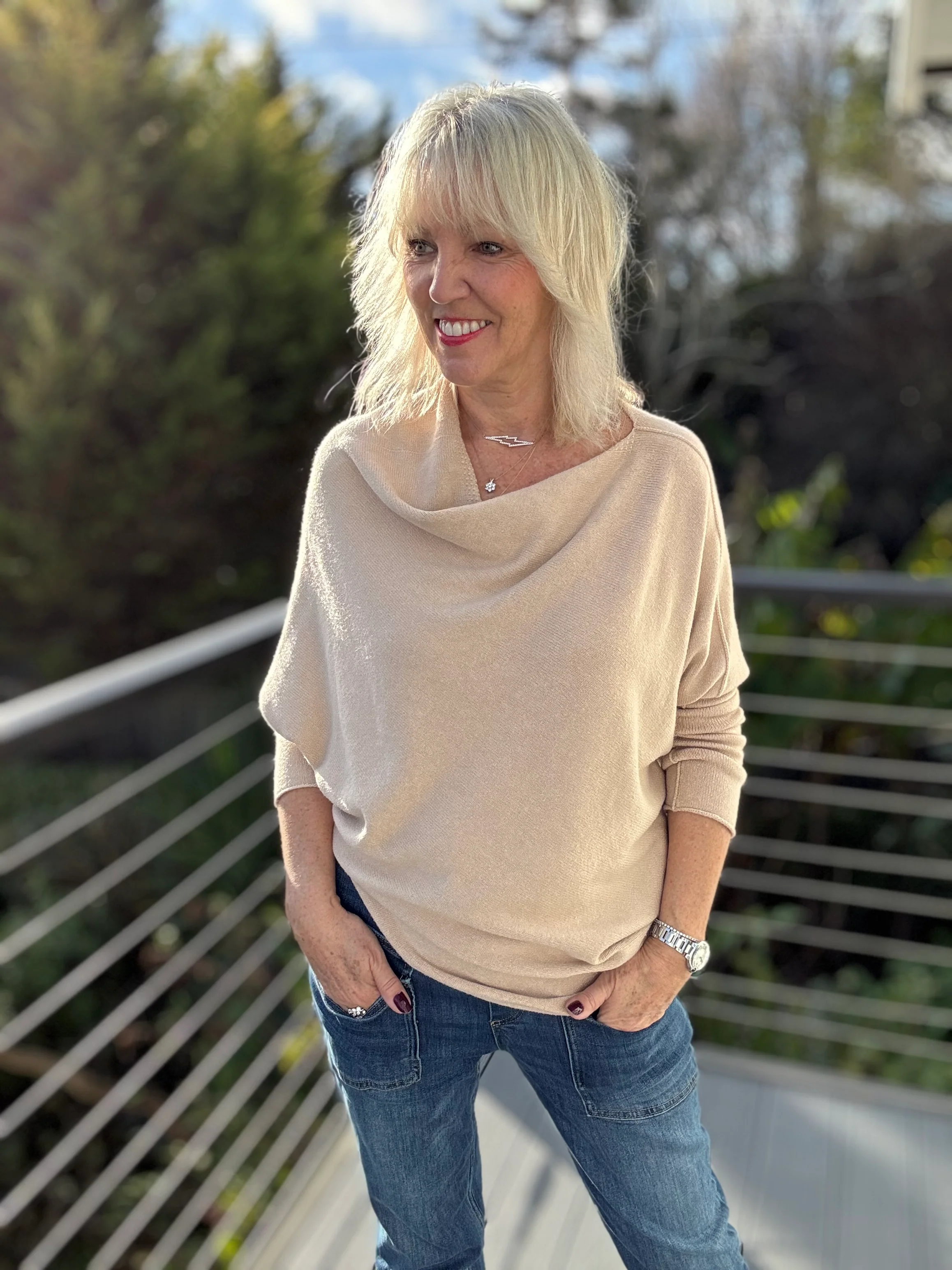 Cowl Neck Asymmetric Jumper in Stone - Image 3