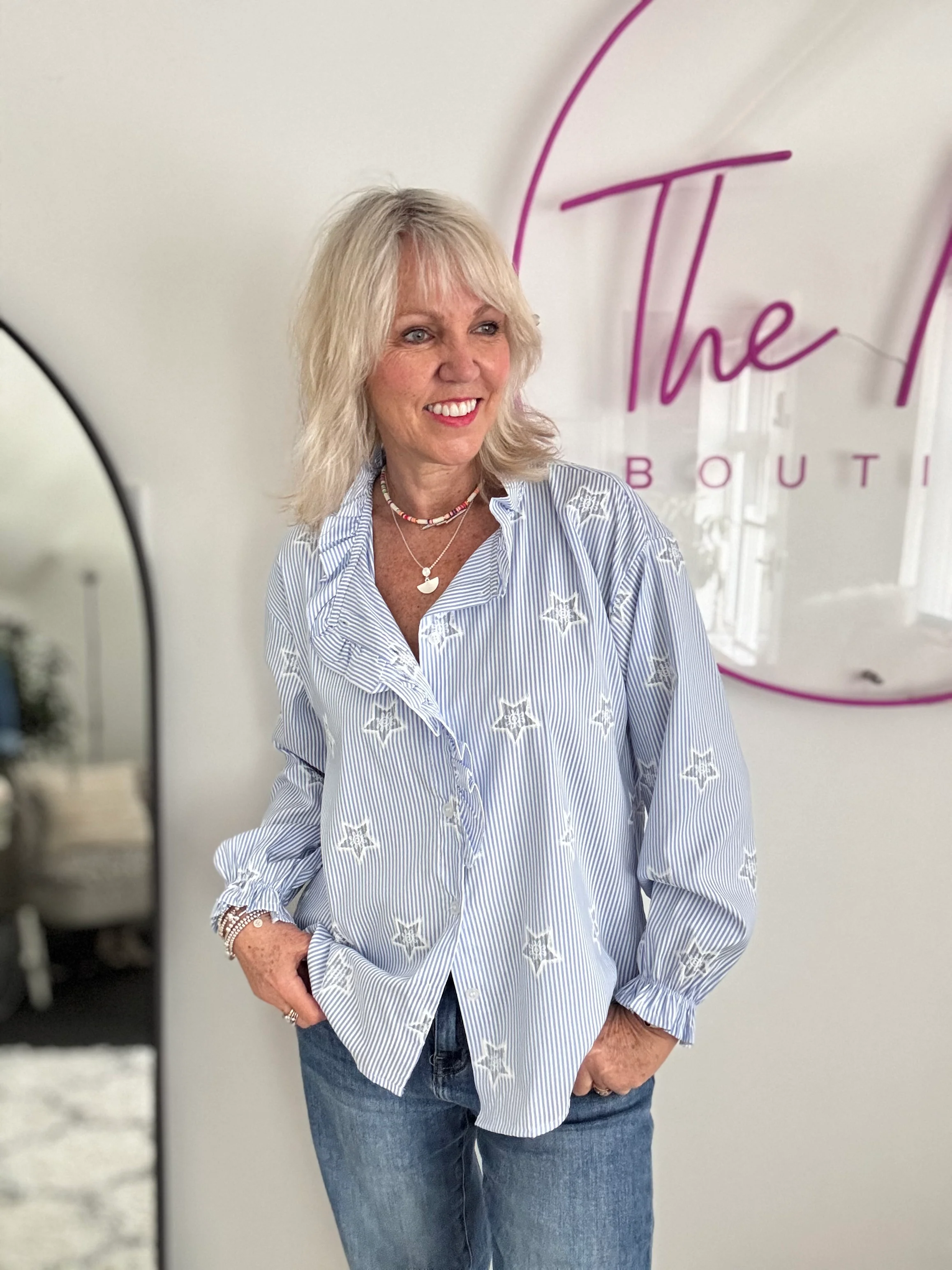 Crisp Blue & White Stripe Shirt with Stars