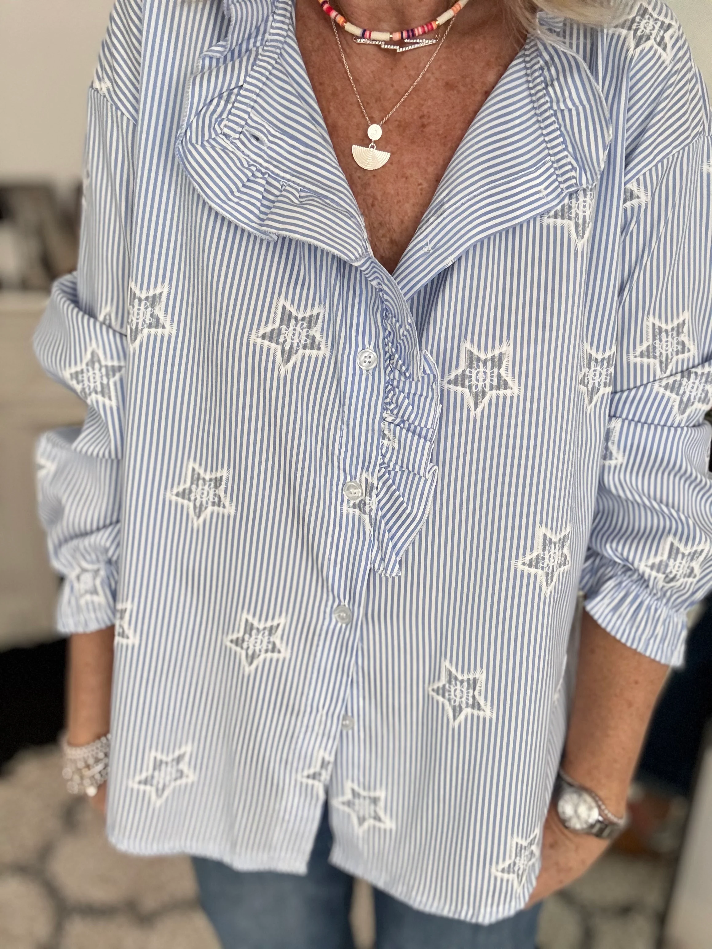 Crisp Blue & White Stripe Shirt with Stars - Image 4