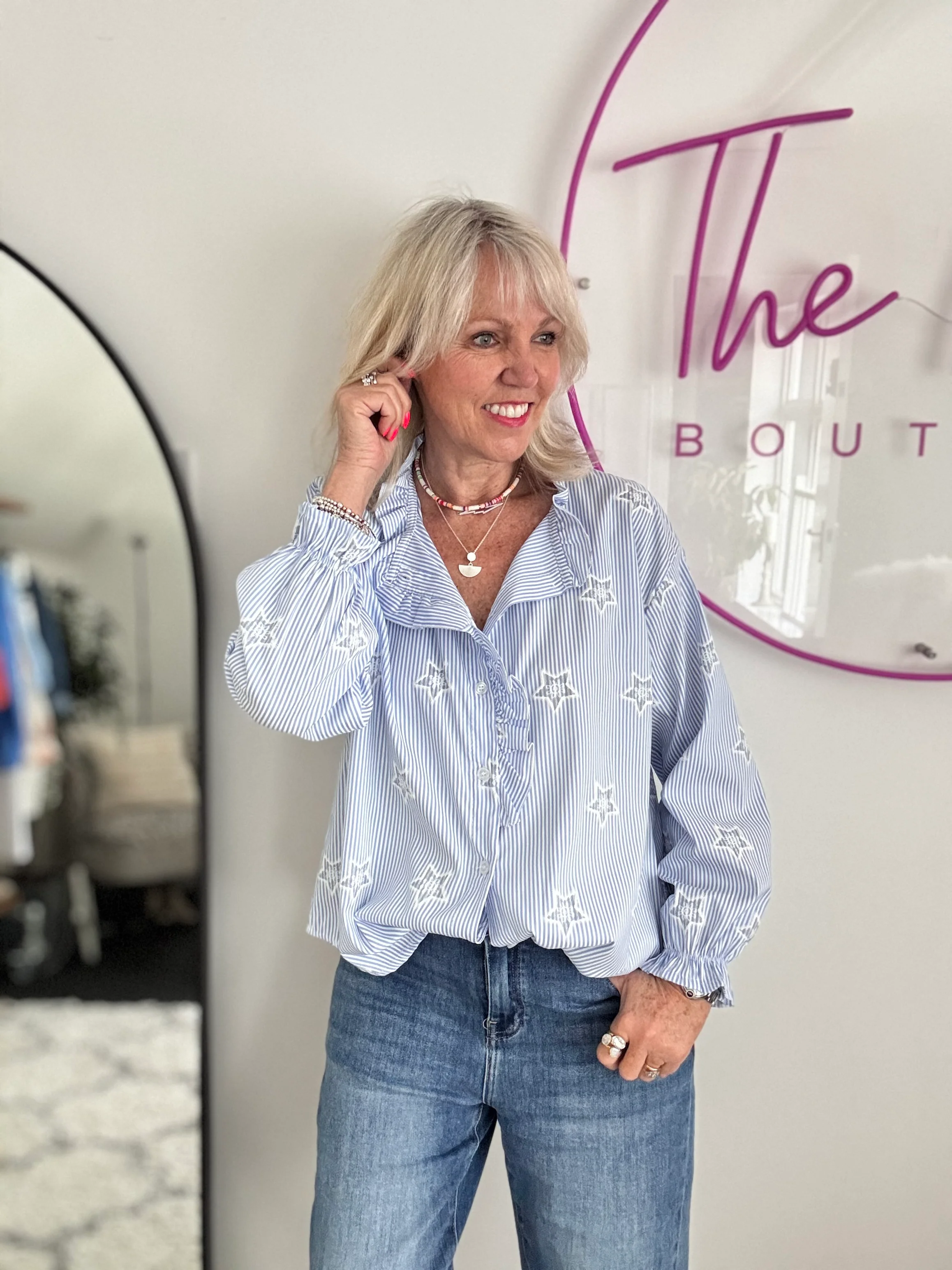 Crisp Blue & White Stripe Shirt with Stars - Image 5