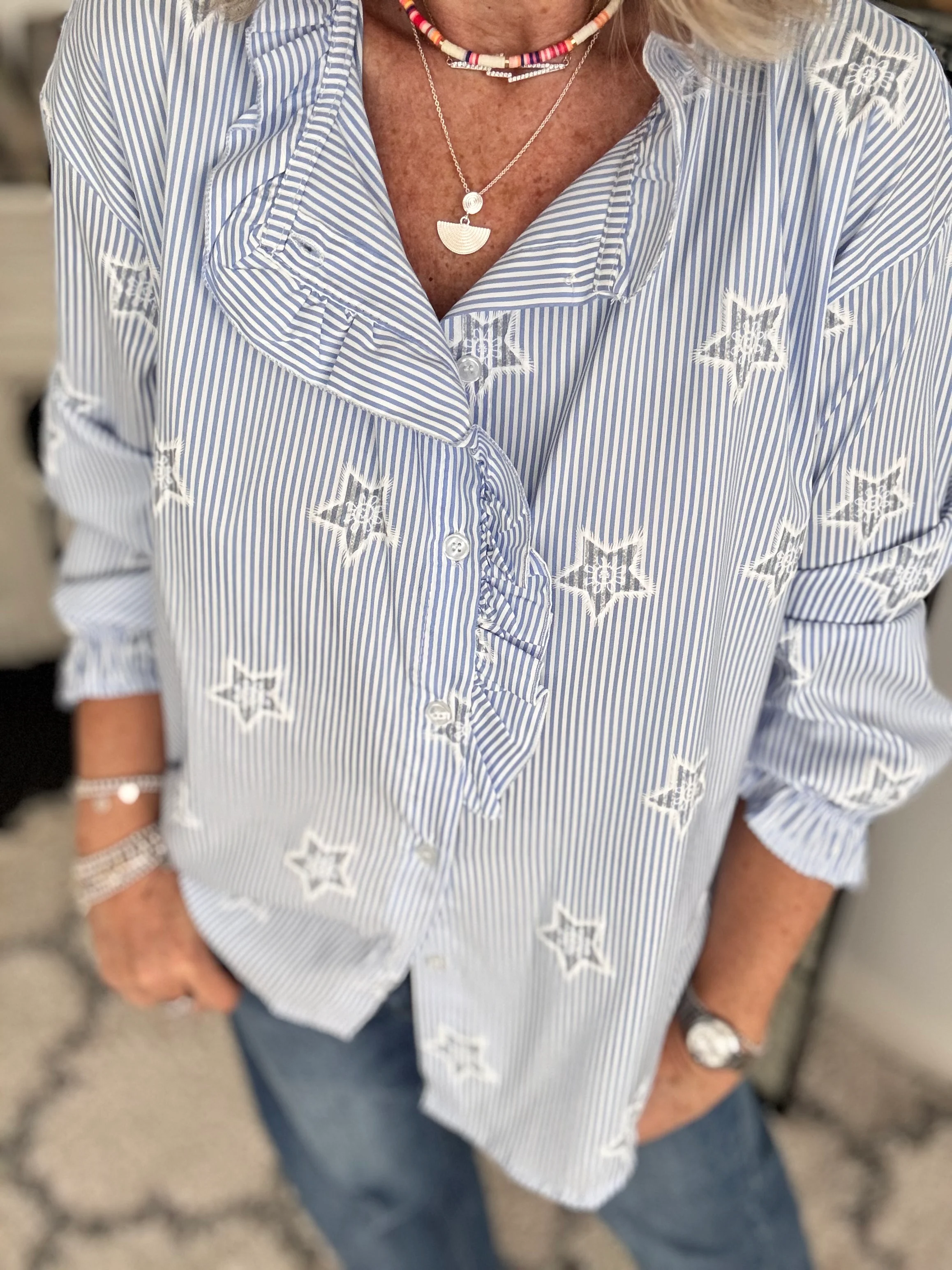 Crisp Blue & White Stripe Shirt with Stars - Image 6