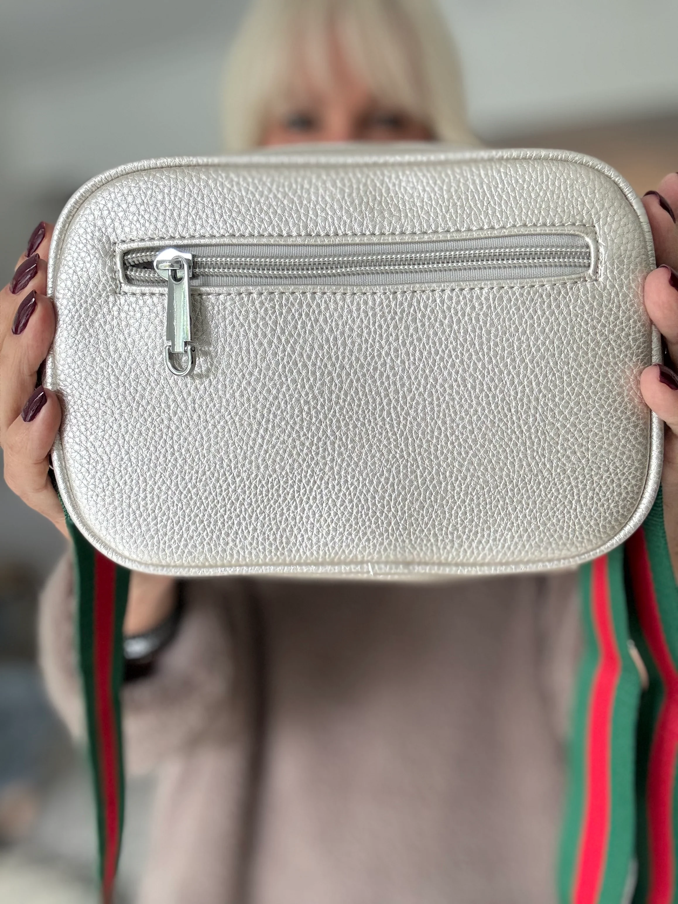 Crossbody Bee Bag in Metallic Pearl with Stripe Strap - Image 4