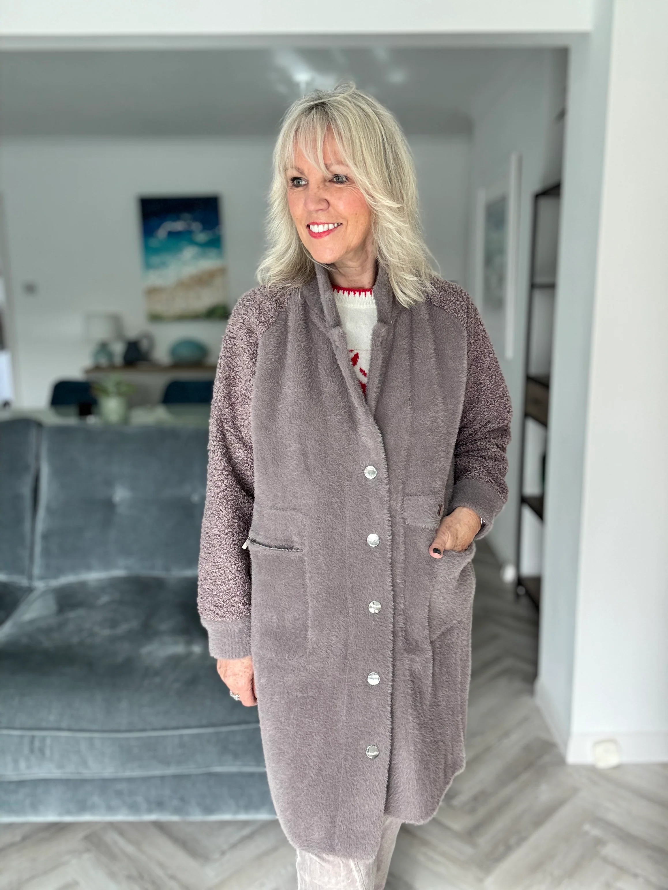 Designer Boucle & Plush Jacket in Mink Grey - Image 10