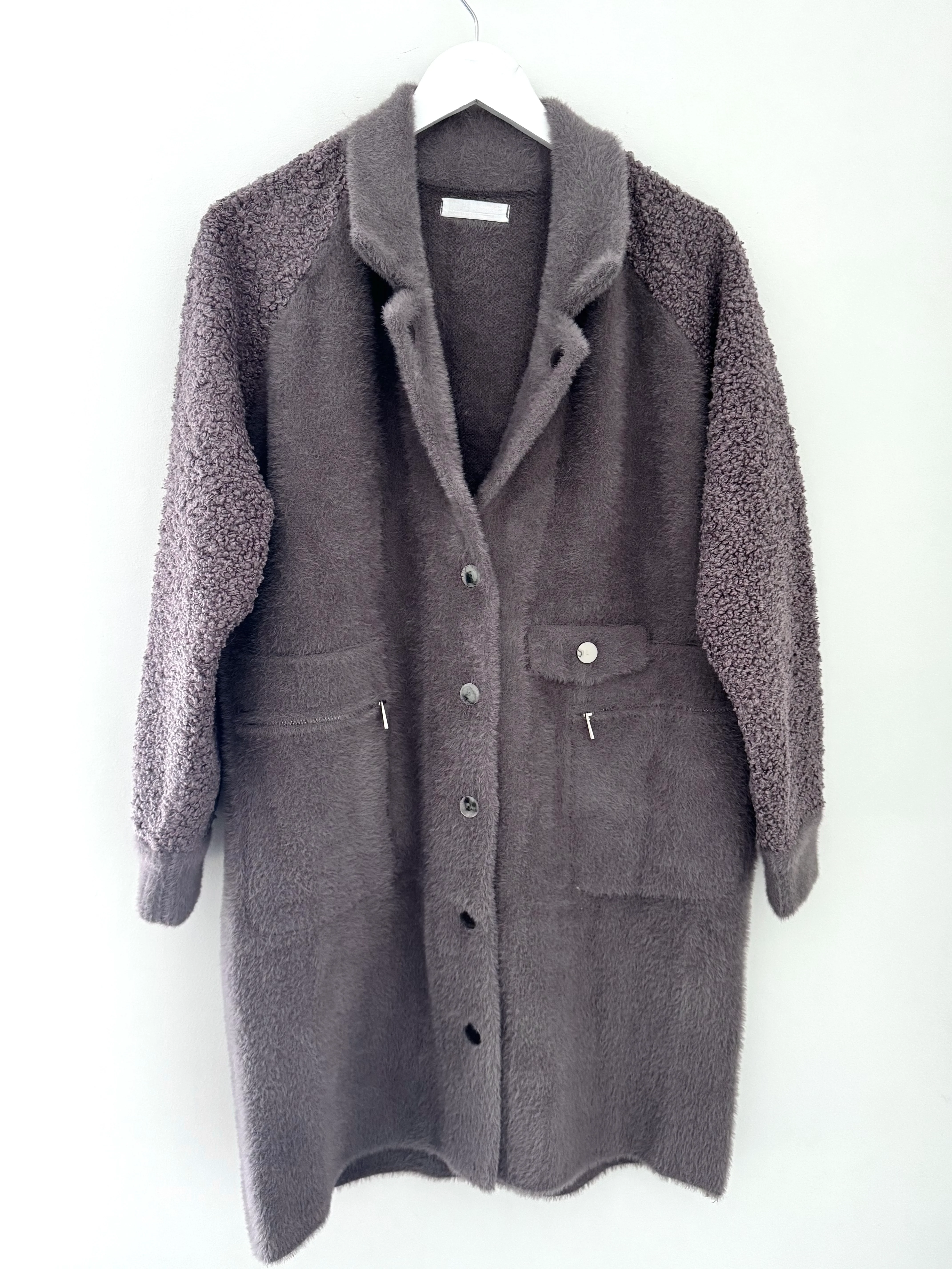 Designer Boucle & Plush Jacket in Mink Grey - Image 11