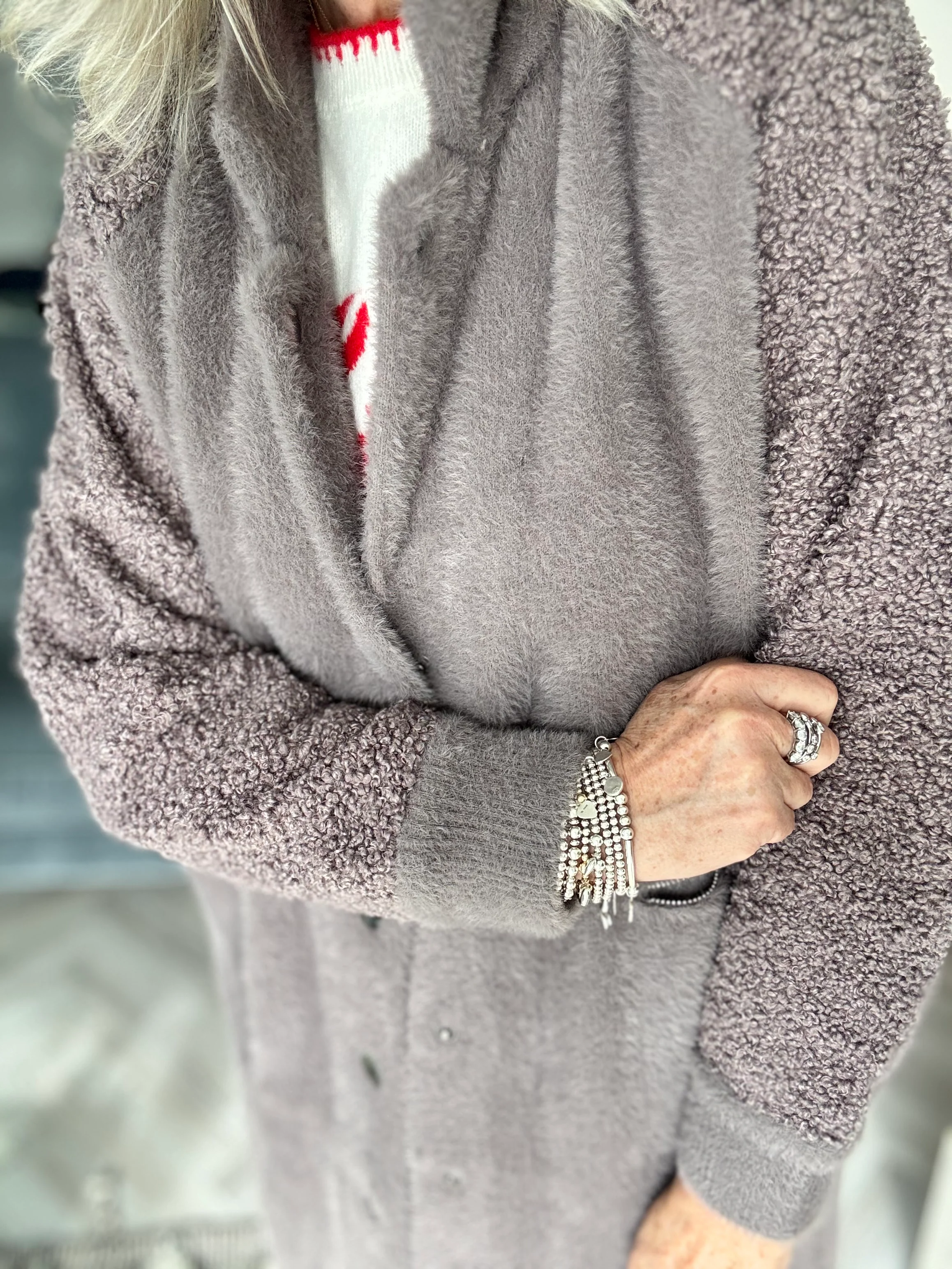 Designer Boucle & Plush Jacket in Mink Grey - Image 3