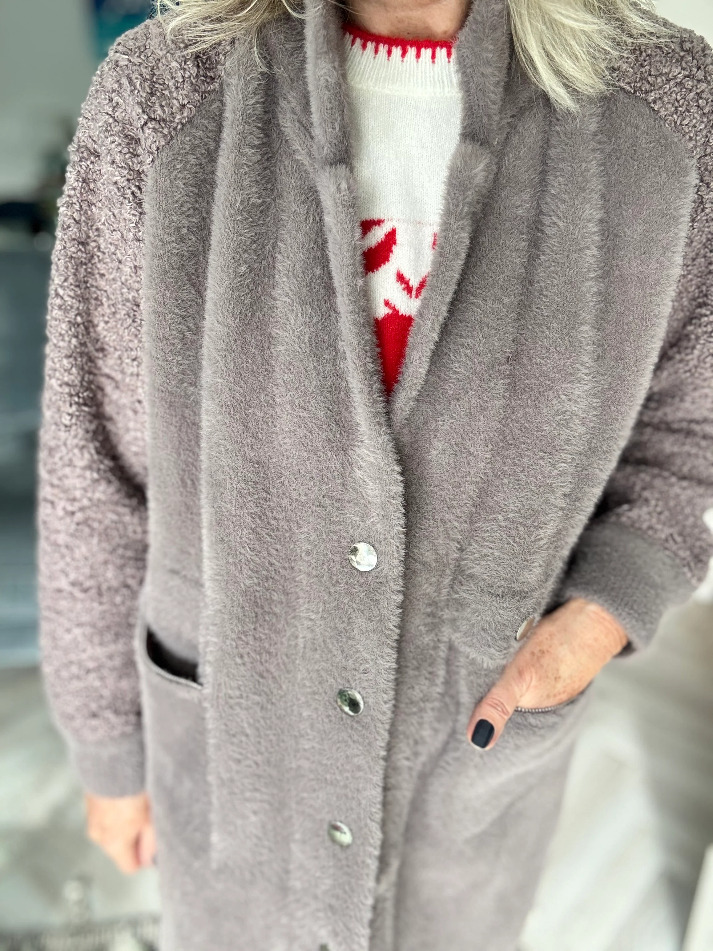 Designer Boucle & Plush Jacket in Mink Grey - Image 5