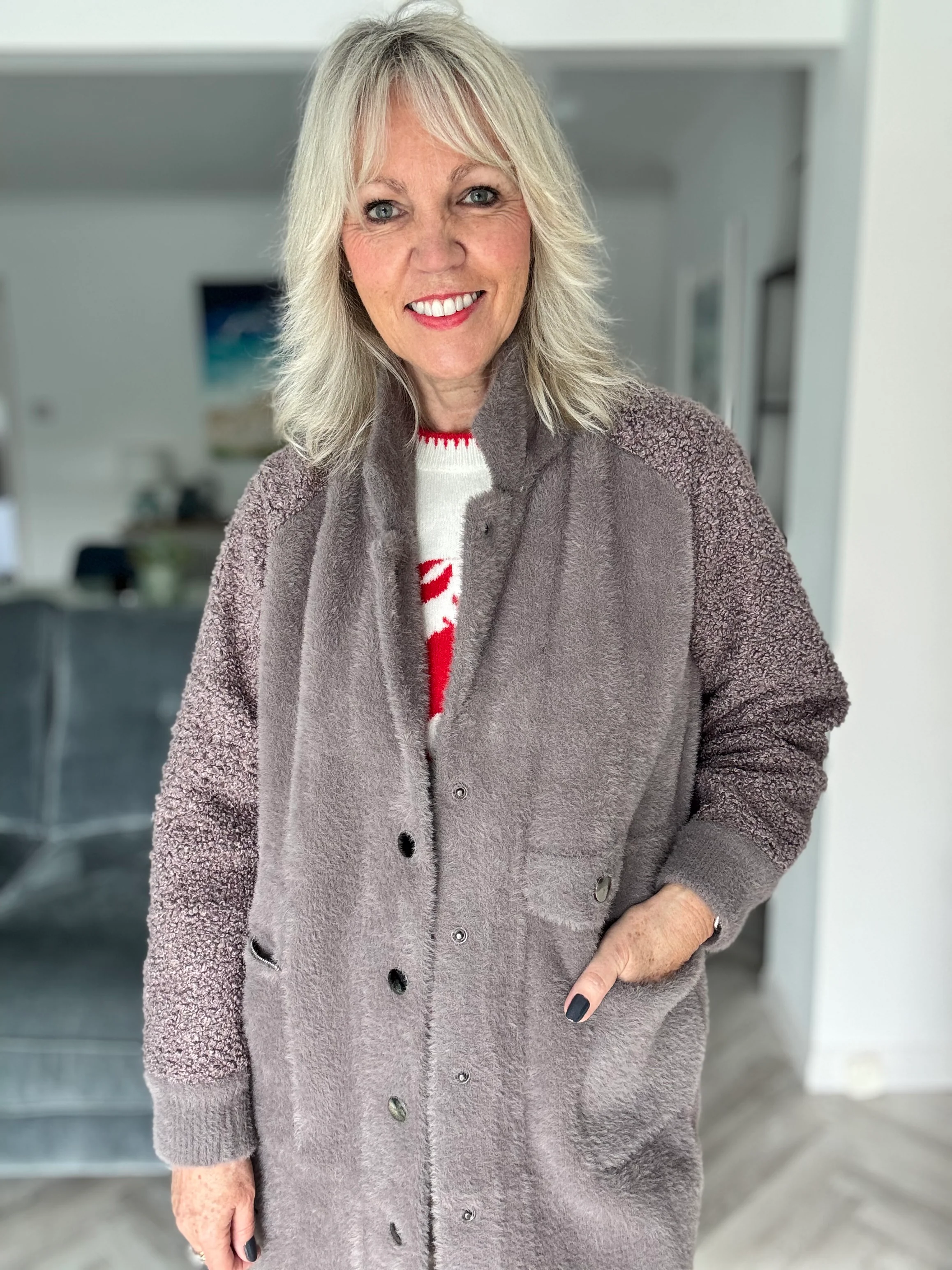 Designer Boucle & Plush Jacket in Mink Grey - Image 6